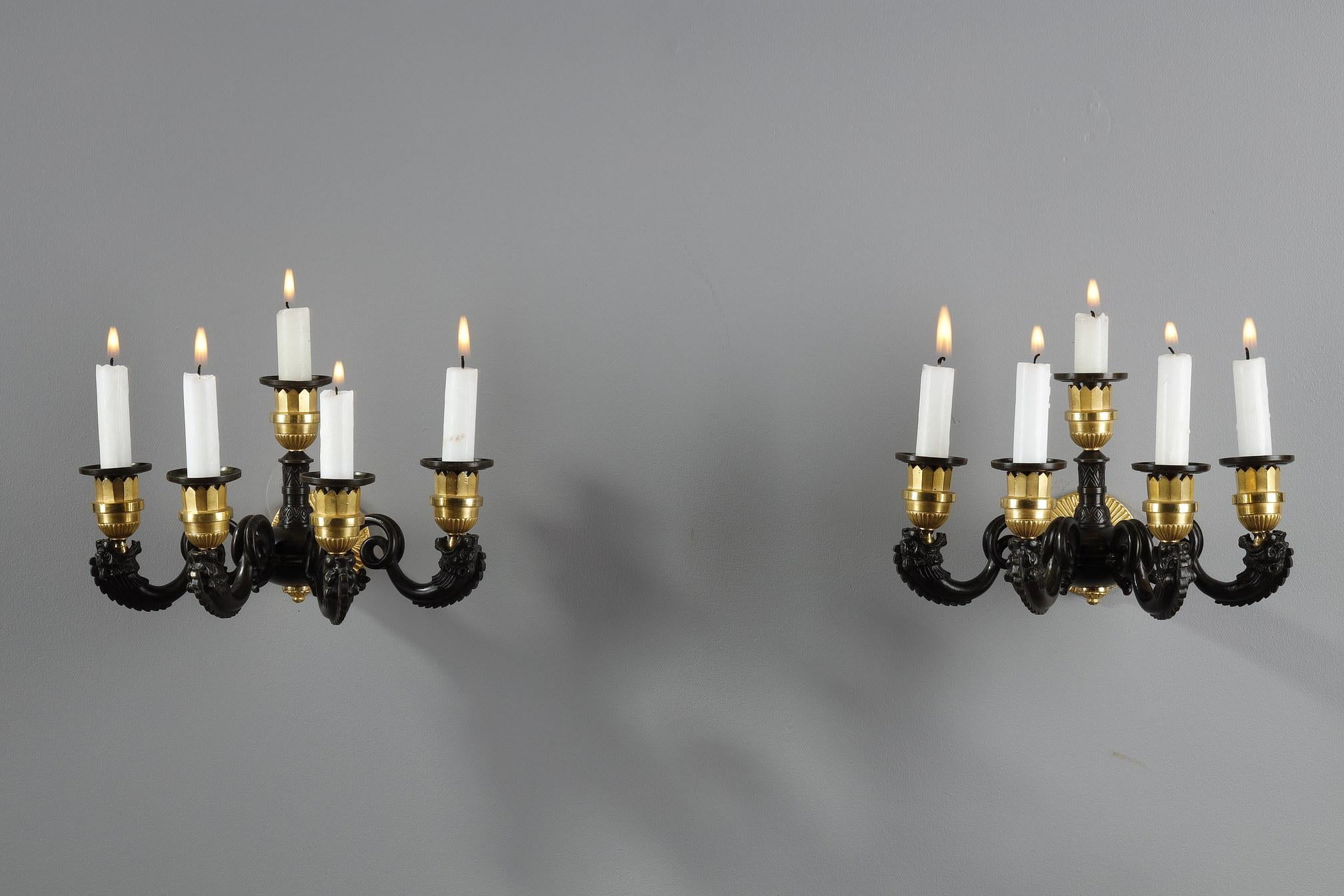 Gilt Pair of Restauration Period Sconces in Bronze For Sale