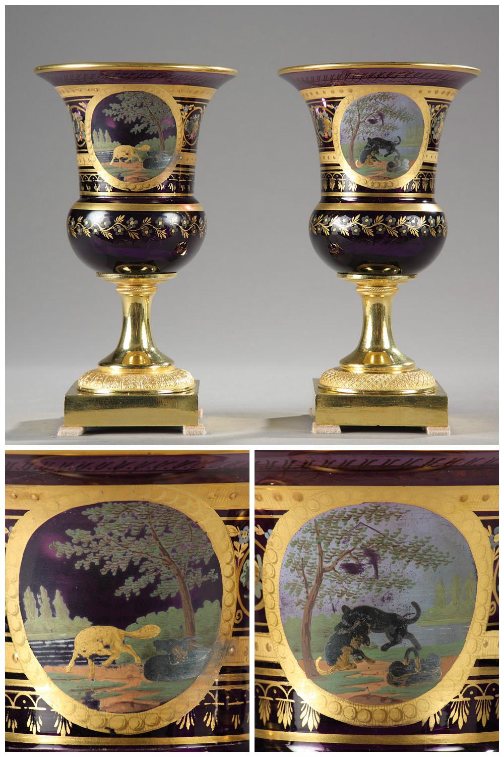 Pair of Restauration Purple Opaline Medici Vases In Good Condition In Paris, FR