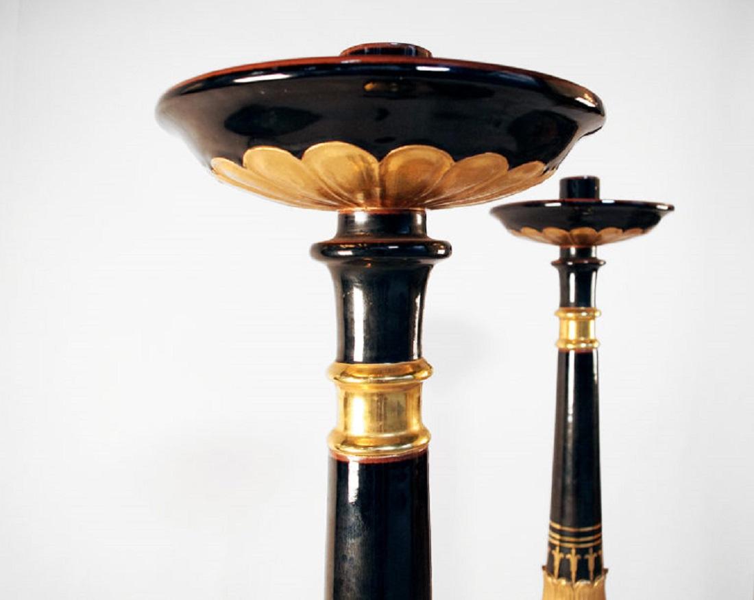 Pair of Restauration Style Torchieres in Black and Gilt Earthenware, circa 1950 In Good Condition For Sale In Saint-Ouen, FR