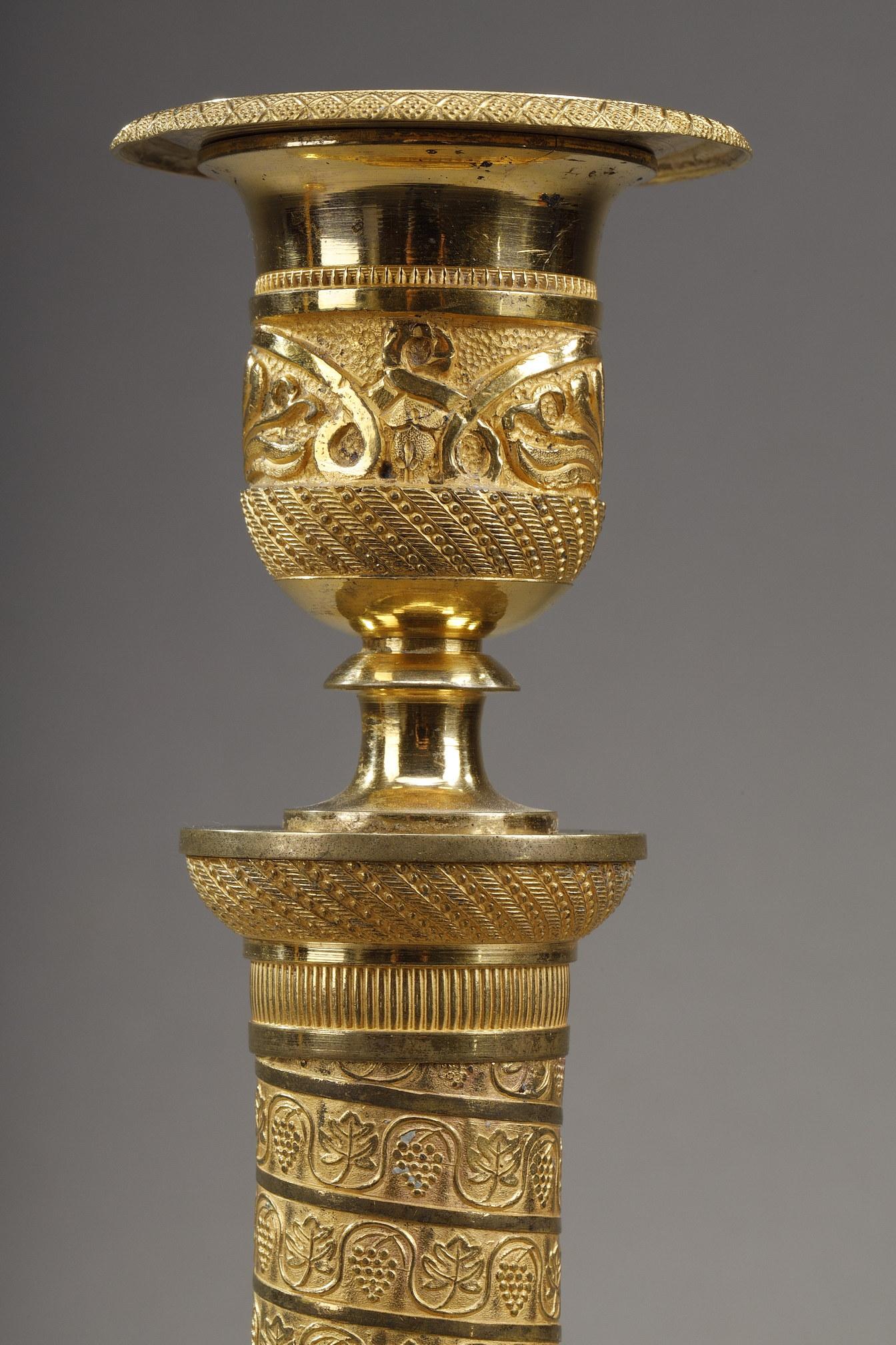 Mid-19th Century Pair of Restoration Candleholders in Gilded Bronze