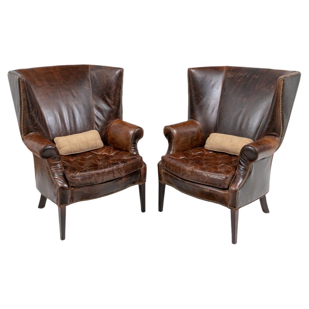 Pair of Restoration Hardware Drake Leather Barrel Back Club Chairs