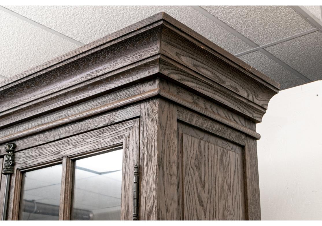Brass Pair of Restoration Hardware French Casement Double Door Oak Bookcase Cabinets