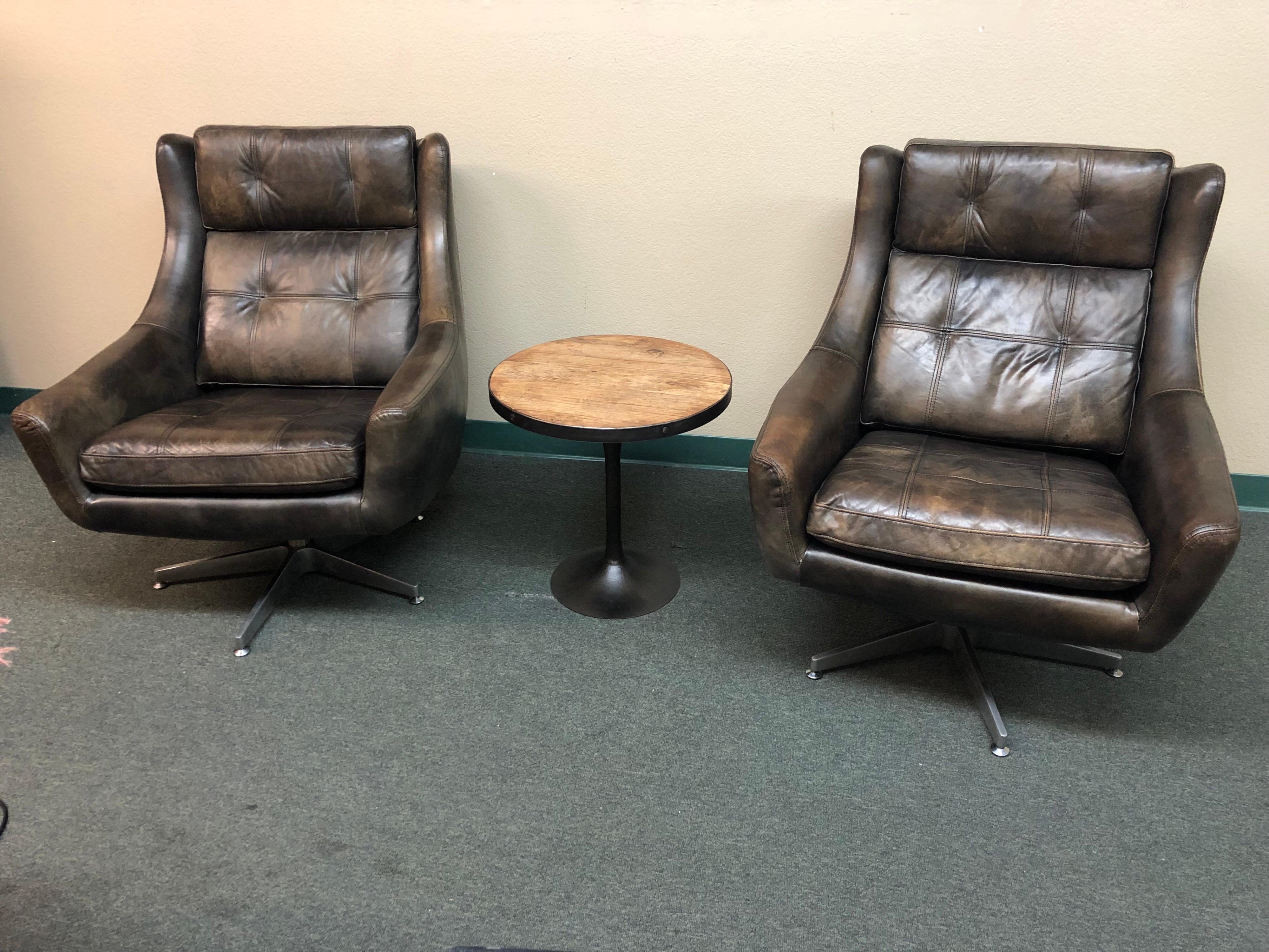 Pair of Restoration Hardware Motorcity Leather Swivel Chairs For Sale