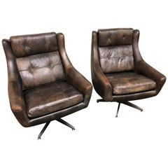 Pair of Restoration Hardware Motorcity Leather Swivel Chairs