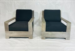 Pair of Restoration Hardware Teak Patio Armchairs with Black Cushions, labeled