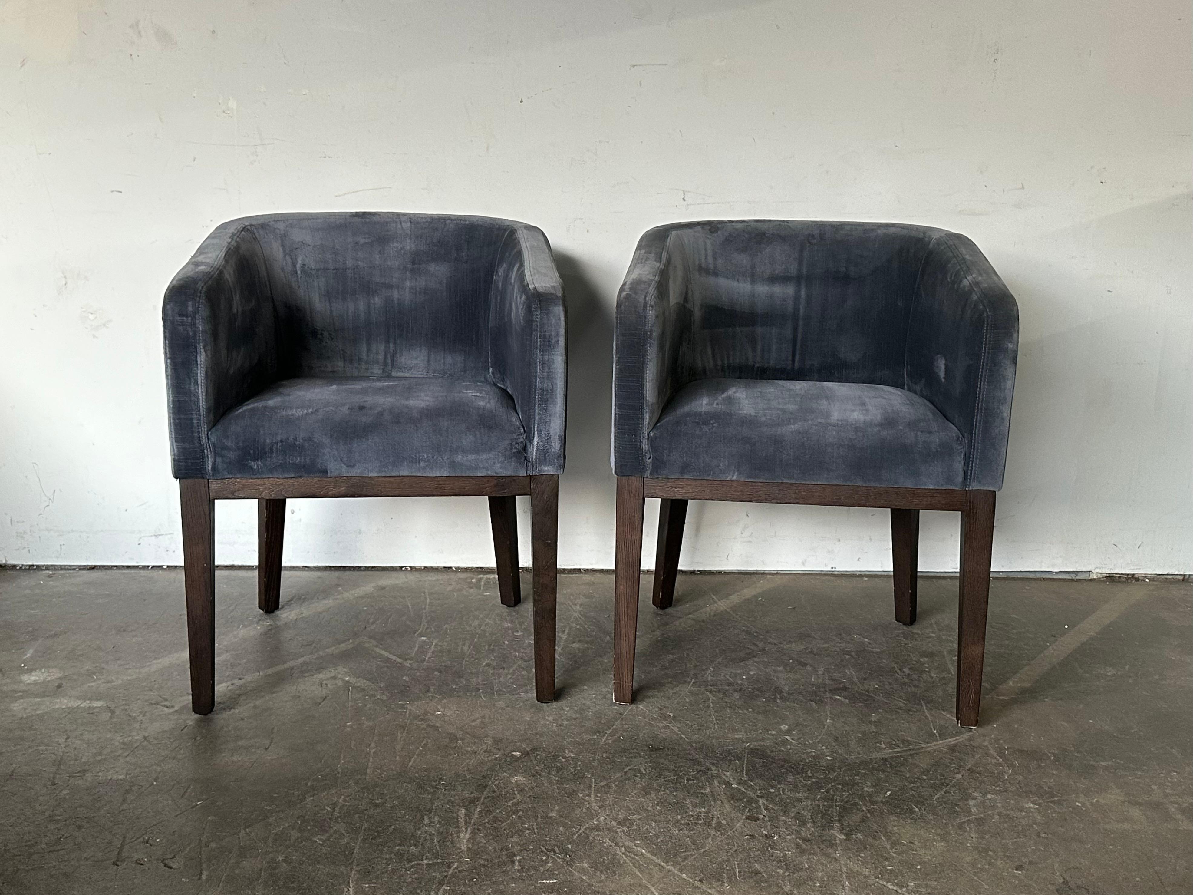 Pair of Restoration Hardware Velvet Barrelback Dining Chairs In Good Condition In Brooklyn, NY