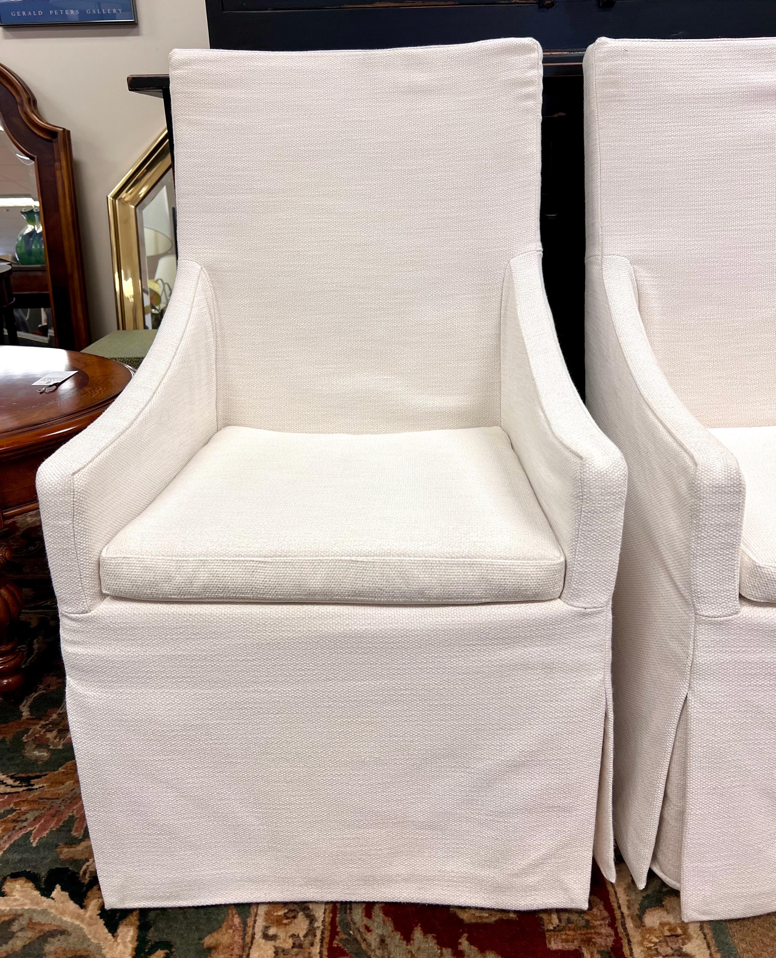 Pair of Restoration Hardware White Belgian Linen Slipcovered Dining Armchairs  In Good Condition For Sale In West Hartford, CT