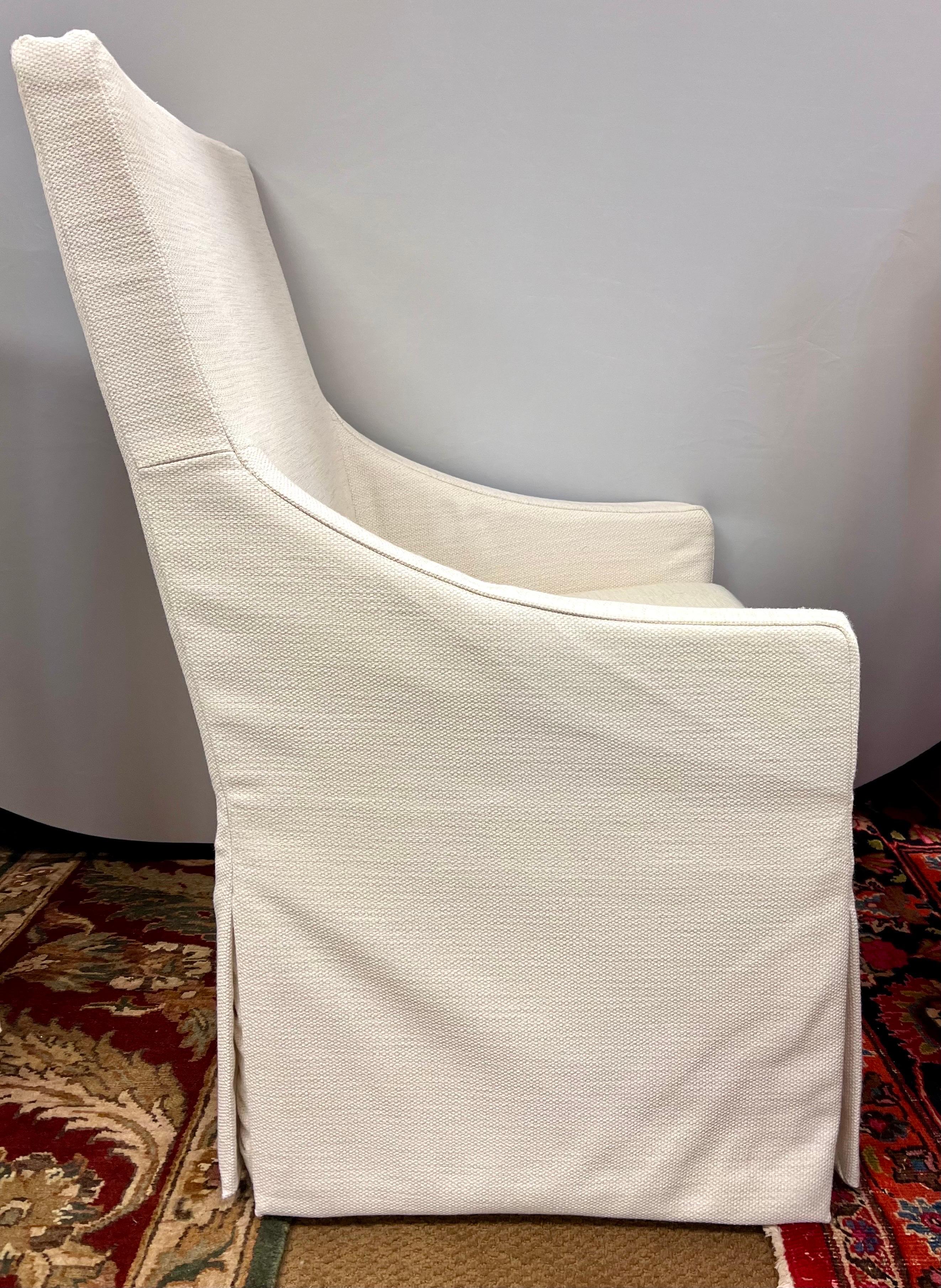 Fabric Pair of Restoration Hardware White Belgian Linen Slipcovered Dining Armchairs  For Sale