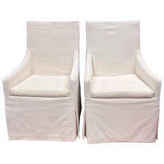 Pair of Restoration Hardware White Belgian Linen Slipcovered Dining Armchairs