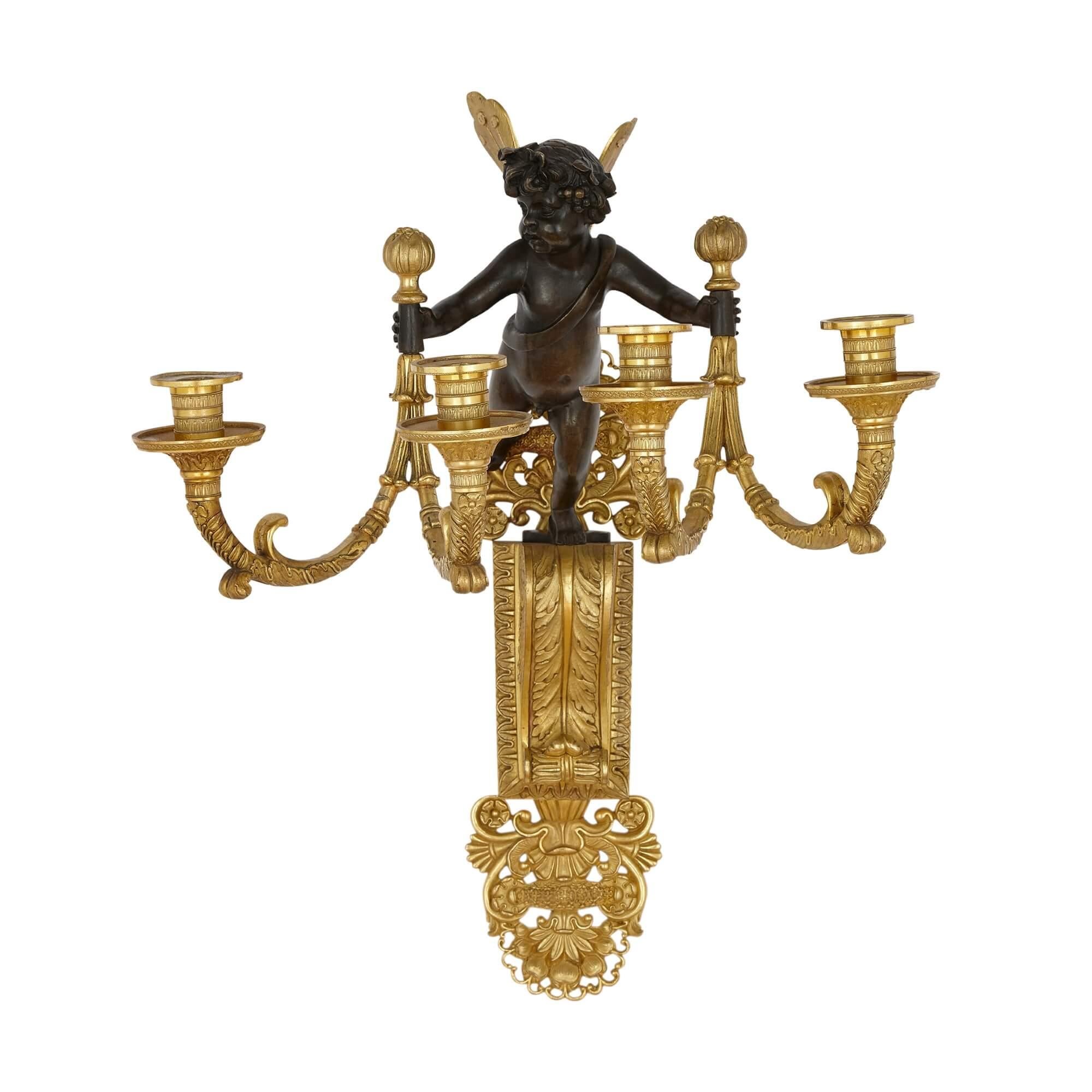 Restauration Pair of Restoration Period Gilt and Patinated Bronze Wall Lights For Sale