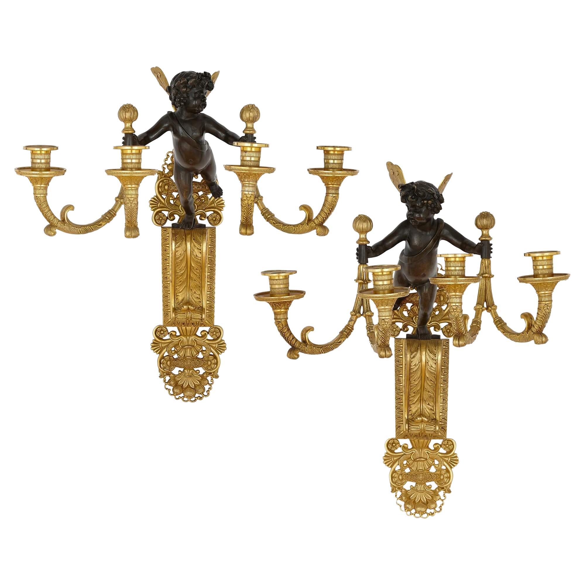 Pair of Restoration Period Gilt and Patinated Bronze Wall Lights For Sale