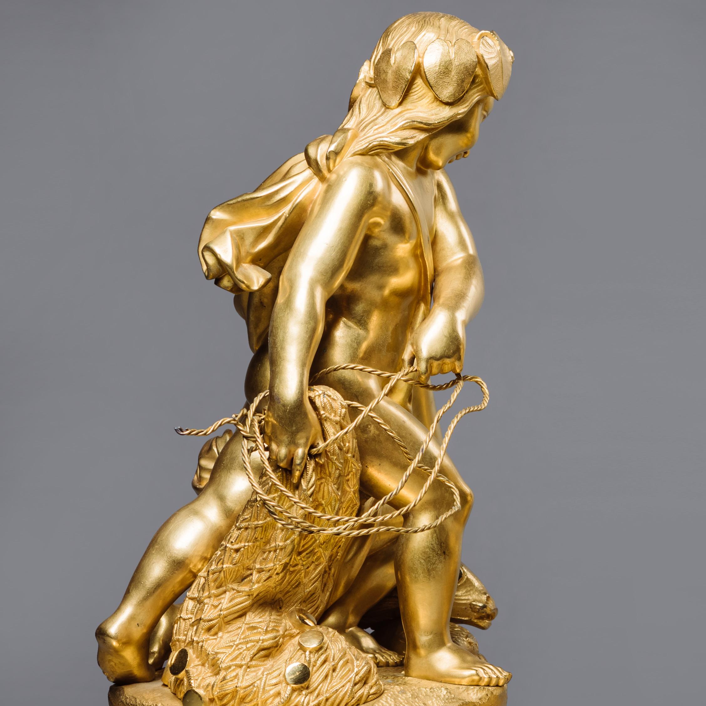Paar Figurengruppeen aus vergoldeter Bronze aus der Zeit der Restauration. Französisch:: um 1830 (Napoleon III.) im Angebot