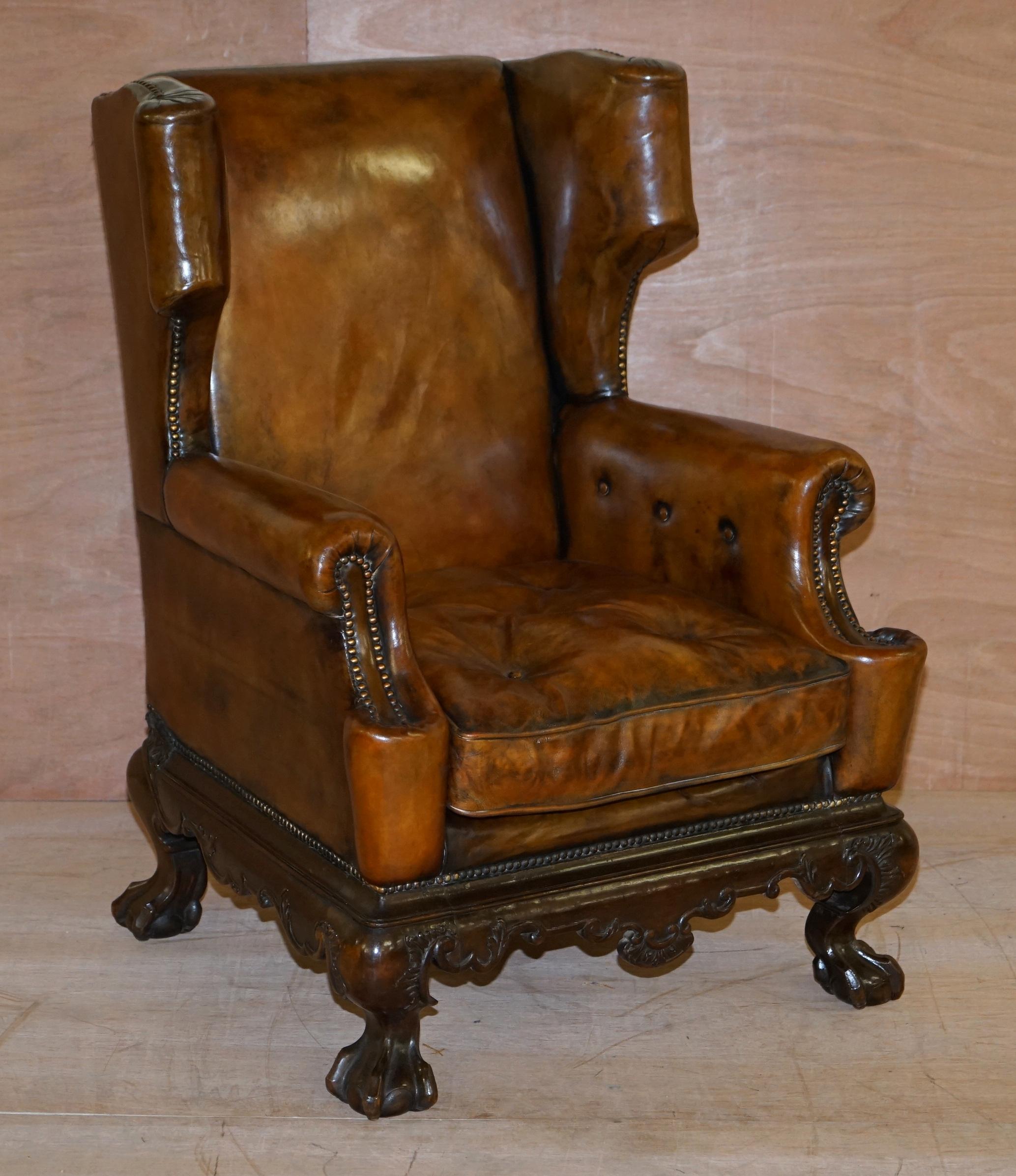 Pair of Restored 1860 Brown Leather Chippendale Wingback Armchairs Claw & Ball 9