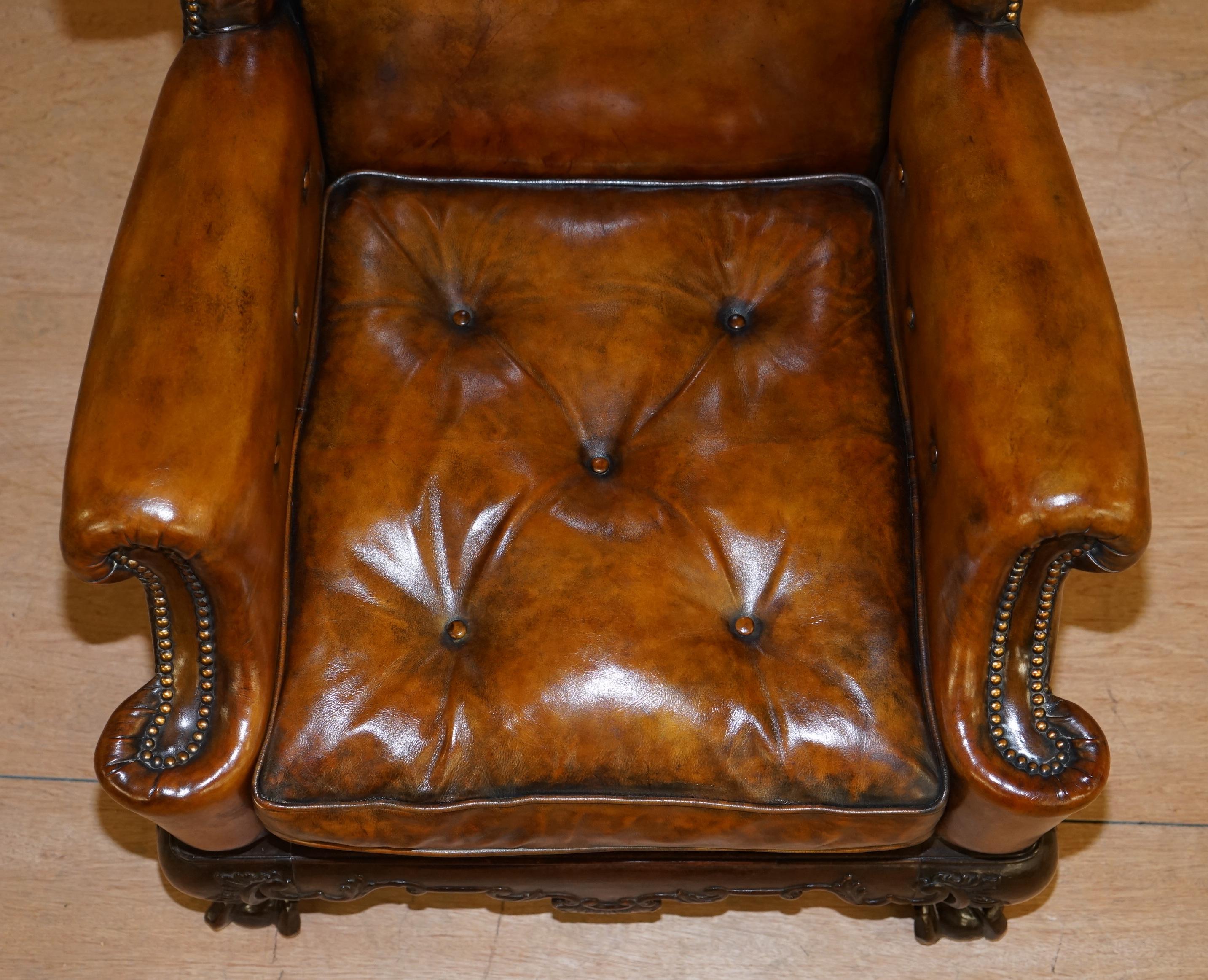 Pair of Restored 1860 Brown Leather Chippendale Wingback Armchairs Claw & Ball 11