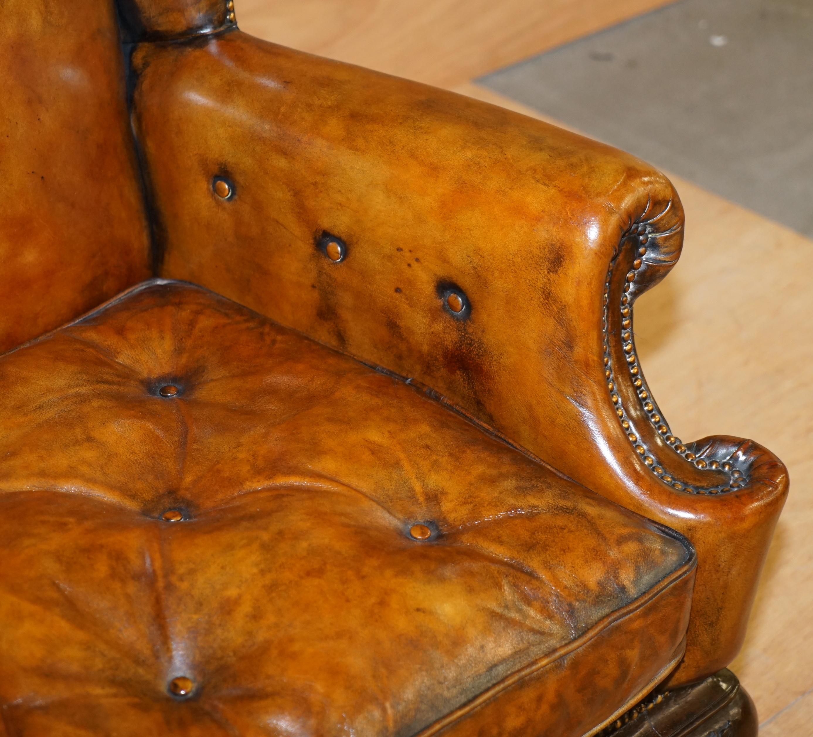 Pair of Restored 1860 Brown Leather Chippendale Wingback Armchairs Claw & Ball 12