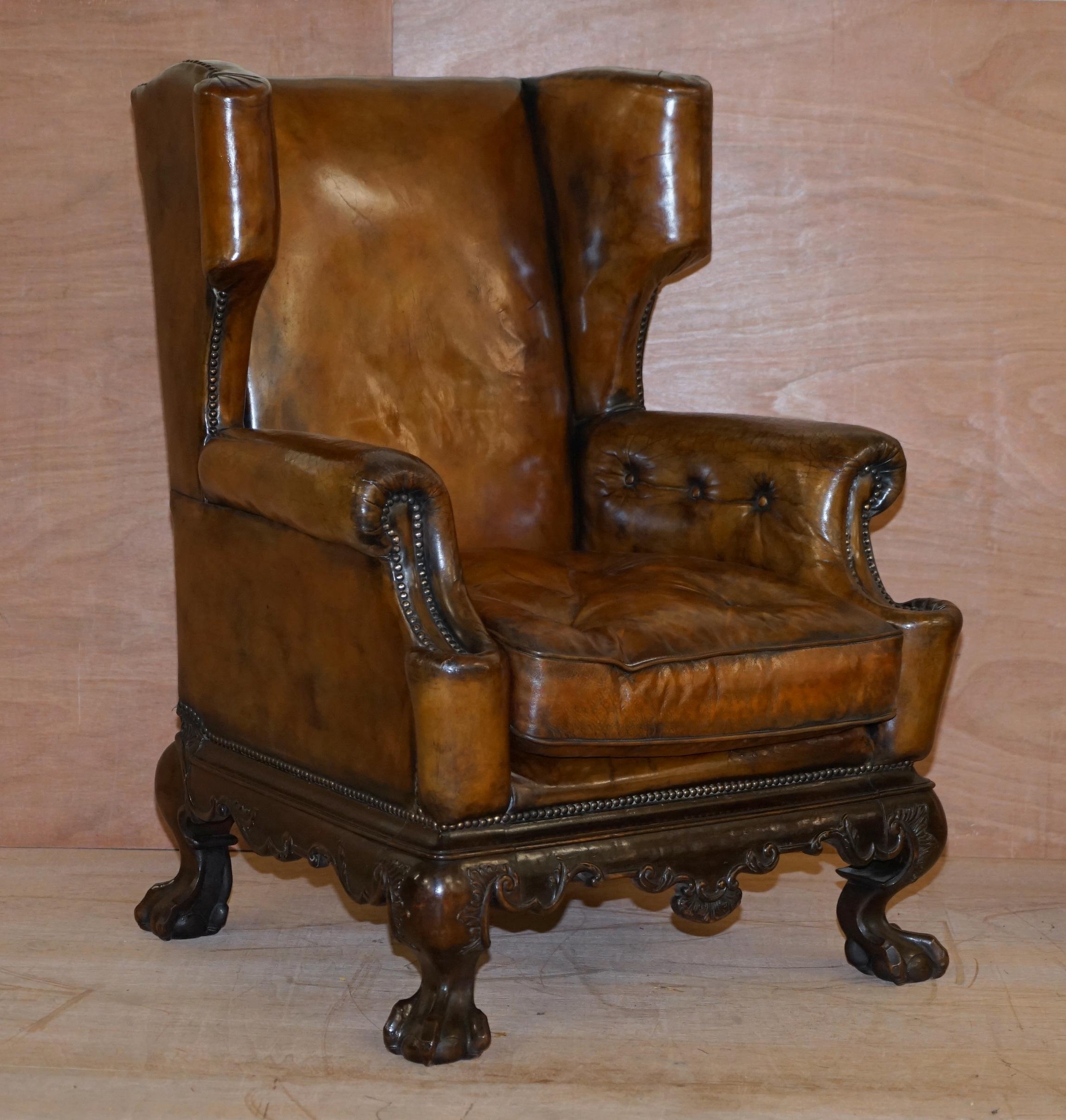 We are is delighted to offer this very fine pair of fully restored early Victorian circa 1840 hand dyed whiskey brown leather Thomas Chippendale wingback armchairs

These chairs are pretty much the finest I have ever seen, they are oversized in