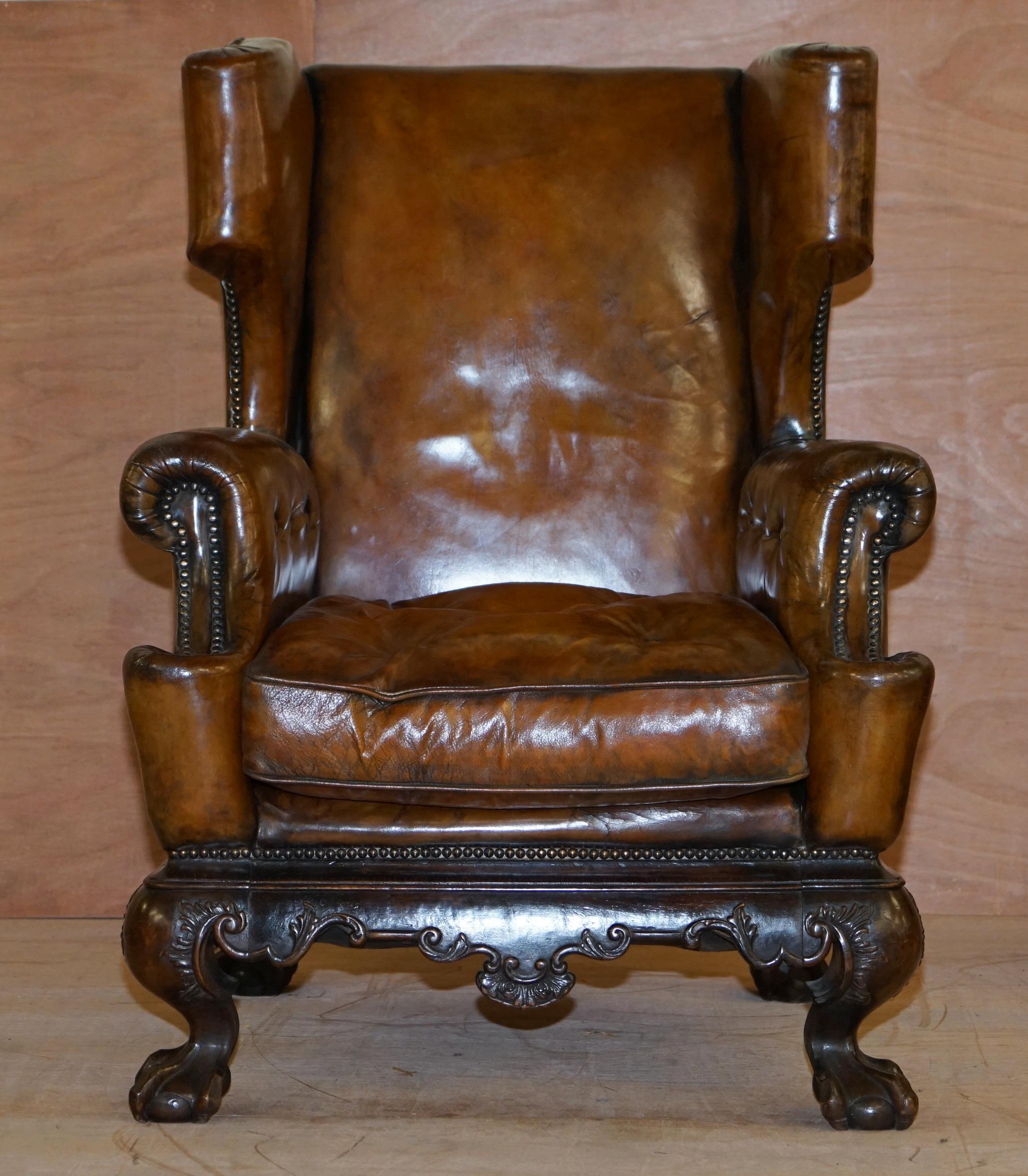 High Victorian Pair of Restored 1860 Brown Leather Chippendale Wingback Armchairs Claw & Ball