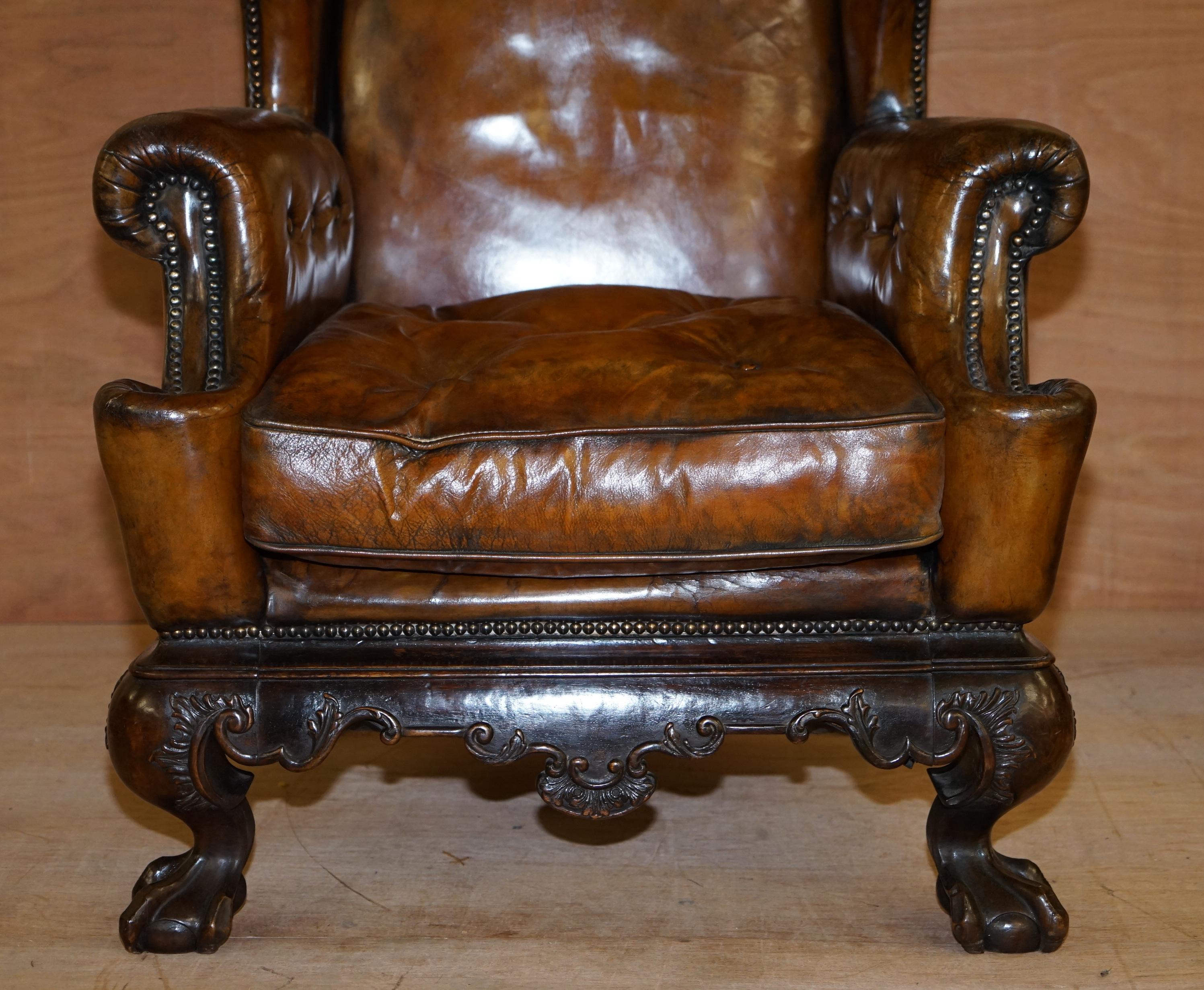 English Pair of Restored 1860 Brown Leather Chippendale Wingback Armchairs Claw & Ball