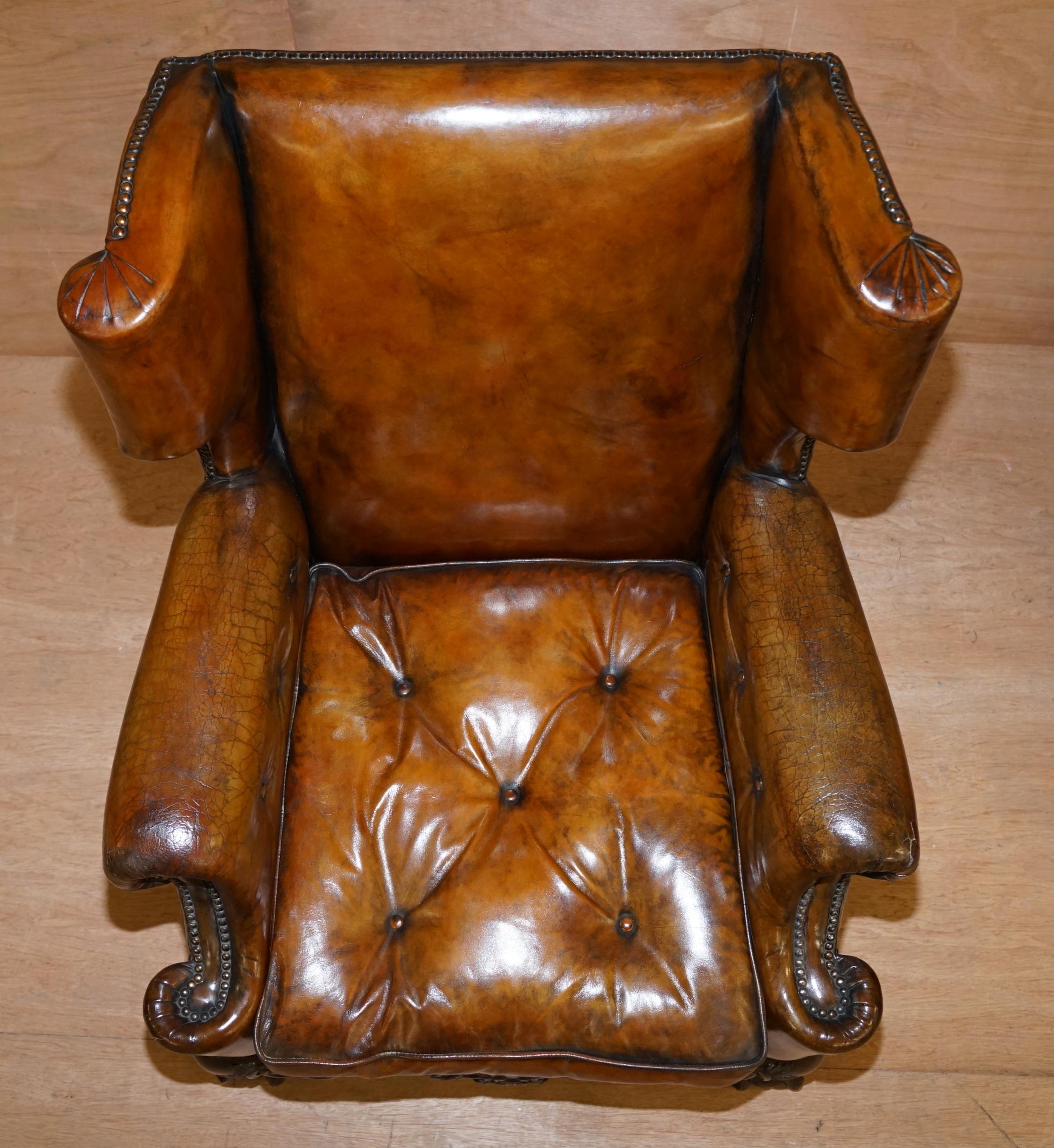 Pair of Restored 1860 Brown Leather Chippendale Wingback Armchairs Claw & Ball 2