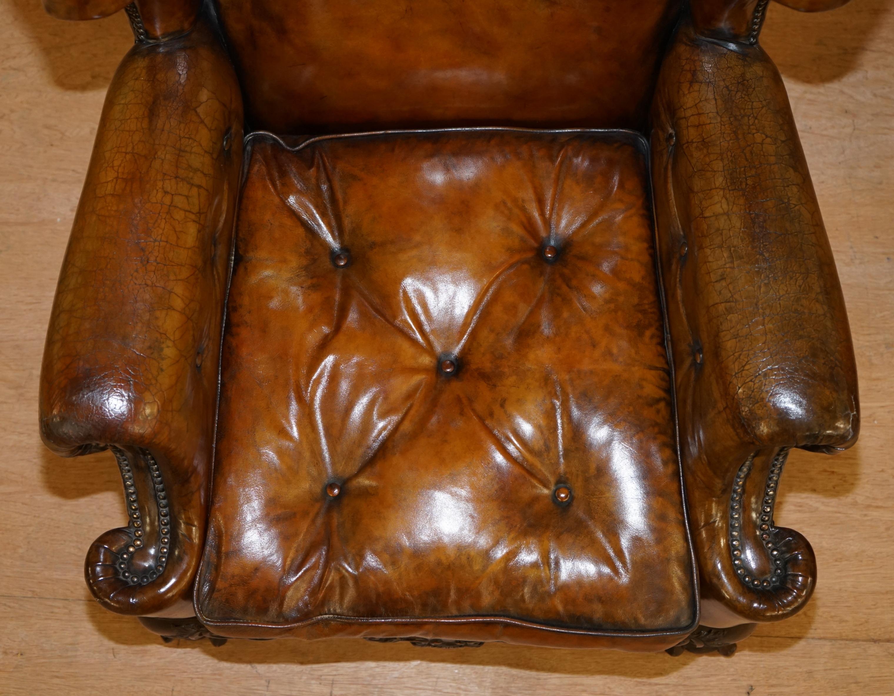 Pair of Restored 1860 Brown Leather Chippendale Wingback Armchairs Claw & Ball 3