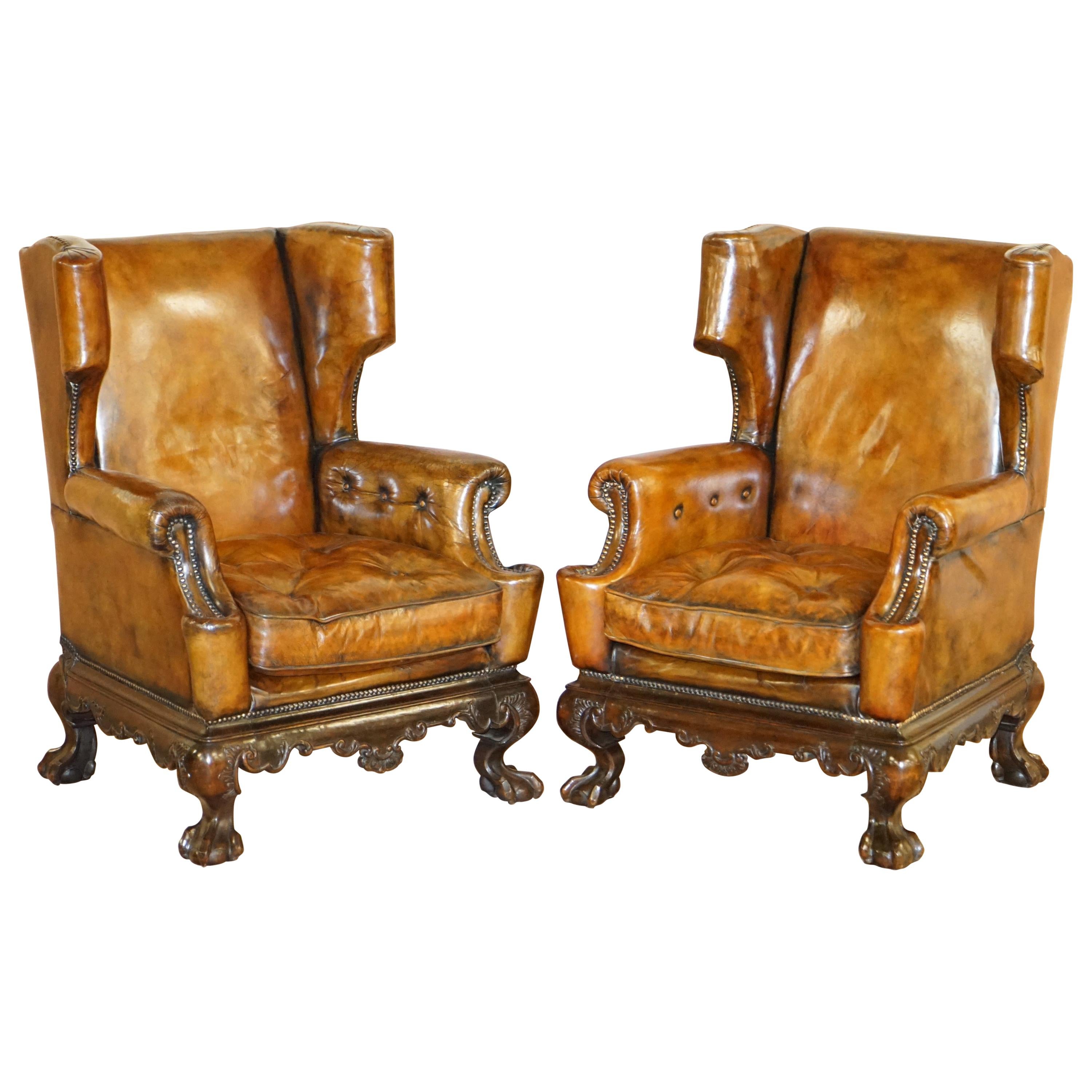 Pair of Restored 1860 Brown Leather Chippendale Wingback Armchairs Claw & Ball