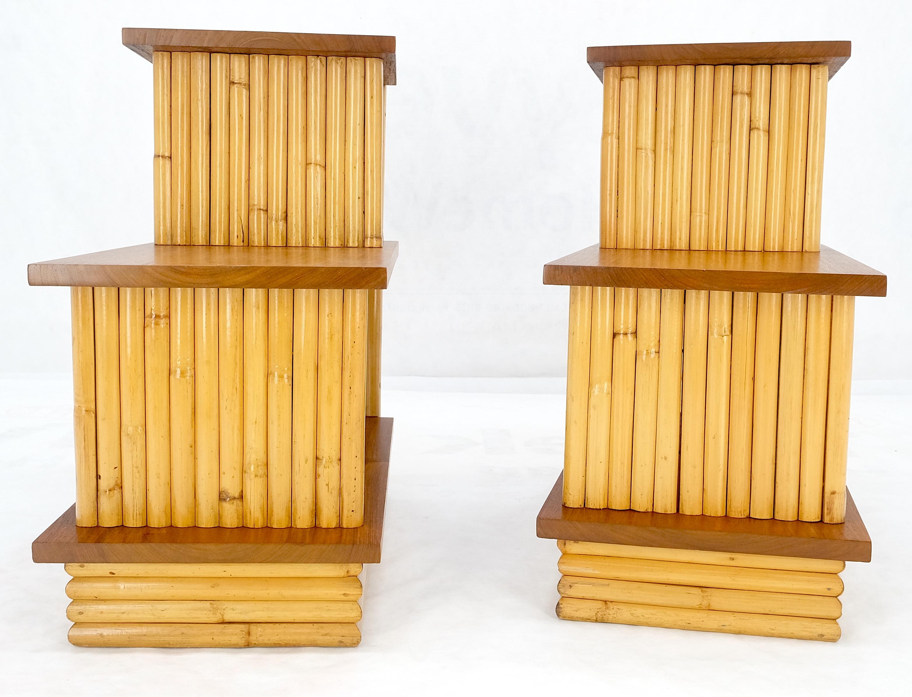 Lacquered Pair of Restored 1950s Solid Mahogany & Bamboo Reed Step End Side Tables Stands For Sale
