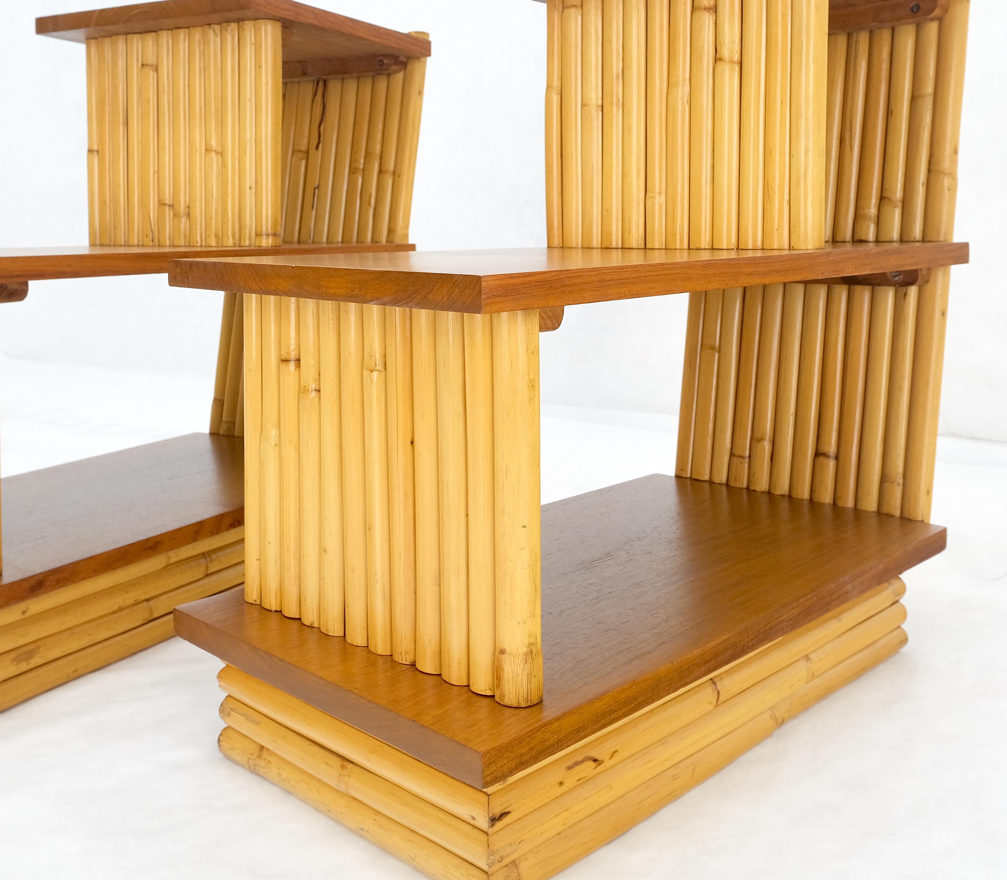 Pair of Restored 1950s Solid Mahogany & Bamboo Reed Step End Side Tables Stands In Good Condition For Sale In Rockaway, NJ