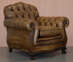 Pair of Restored Aged Brown Leather Chesterfield Club Armchairs Claw & Ball Feet