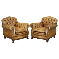 Pair of Restored Aged Brown Leather Chesterfield Club Armchairs Claw & Ball Feet