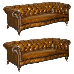 Pair of Restored Antique 1880 Serpentine Howard & Son's Style Chesterfield Sofas
