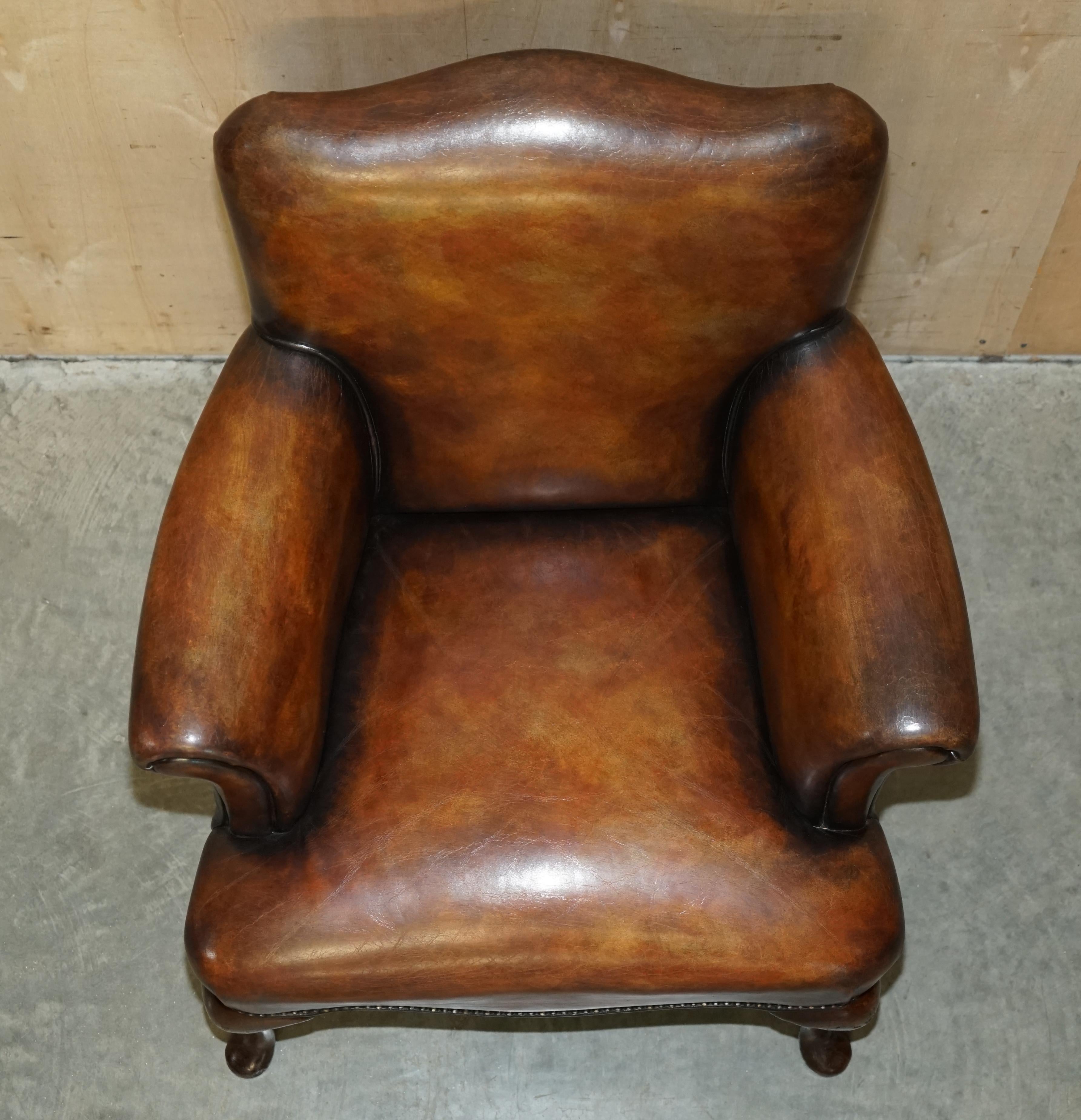 Pair of Restored Antique Art Deco Hand Dyed Cigar Brown Leather Club Armchairs For Sale 7