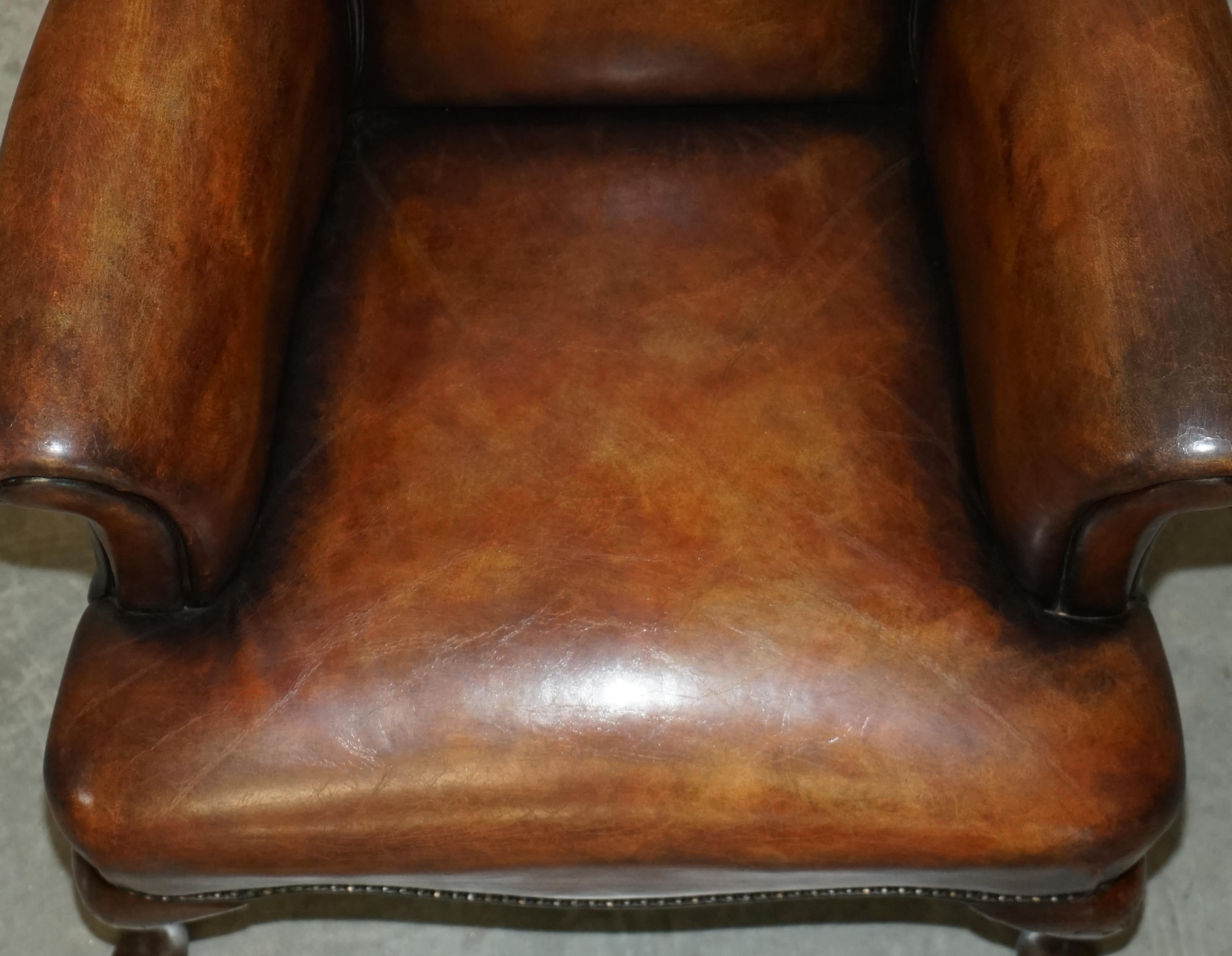 Pair of Restored Antique Art Deco Hand Dyed Cigar Brown Leather Club Armchairs For Sale 8