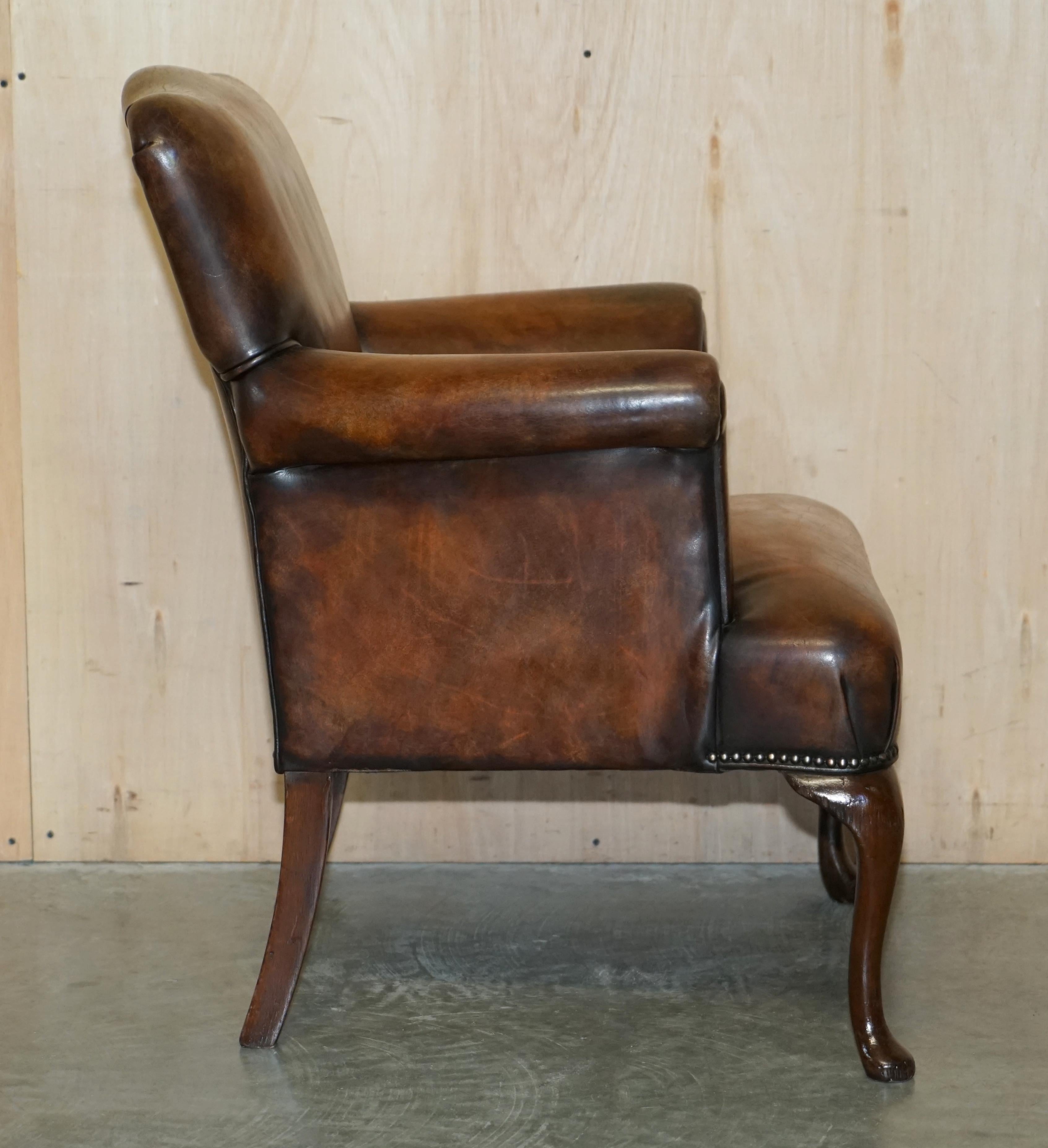 Pair of Restored Antique Art Deco Hand Dyed Cigar Brown Leather Club Armchairs For Sale 9