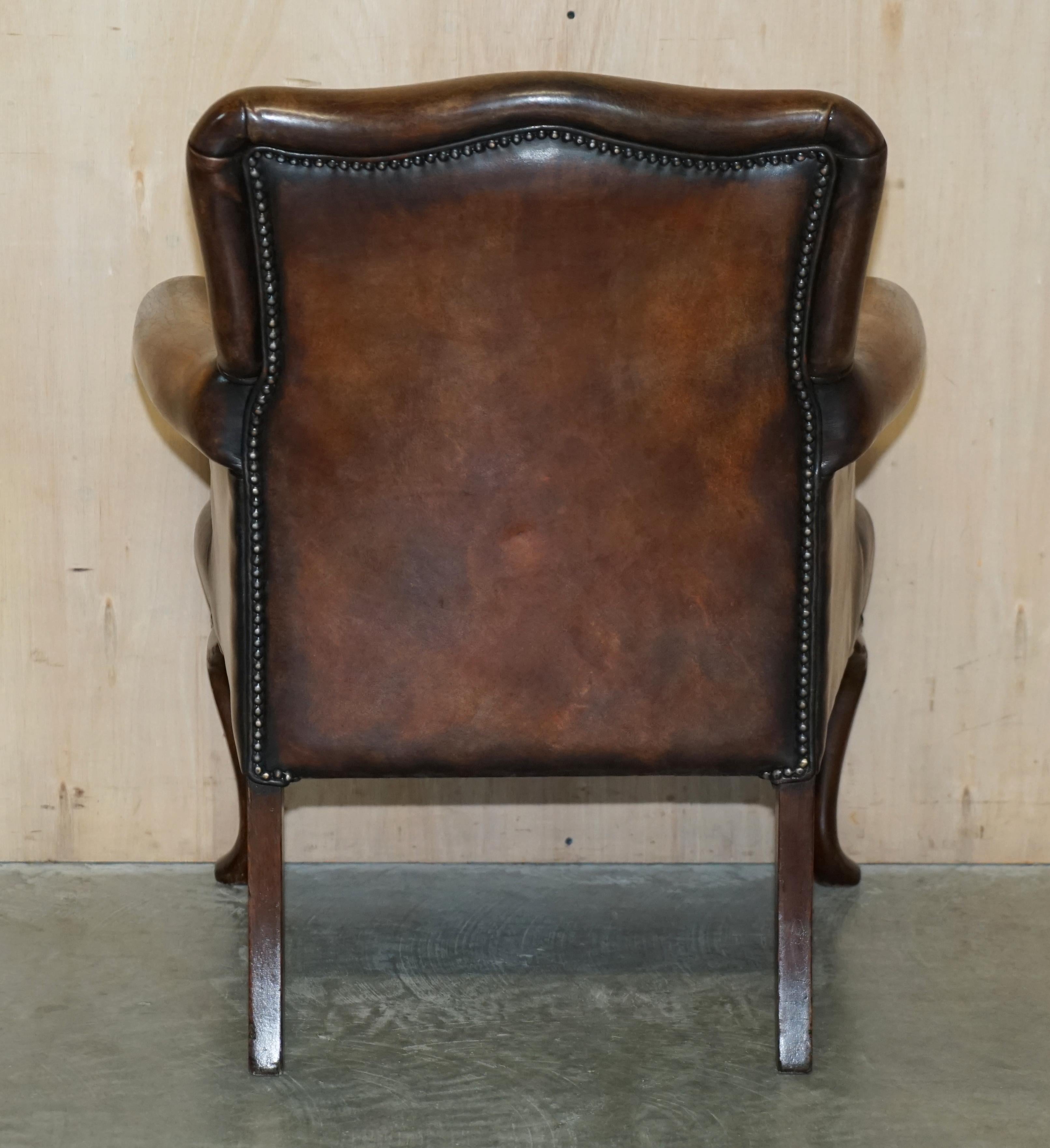 Pair of Restored Antique Art Deco Hand Dyed Cigar Brown Leather Club Armchairs For Sale 10