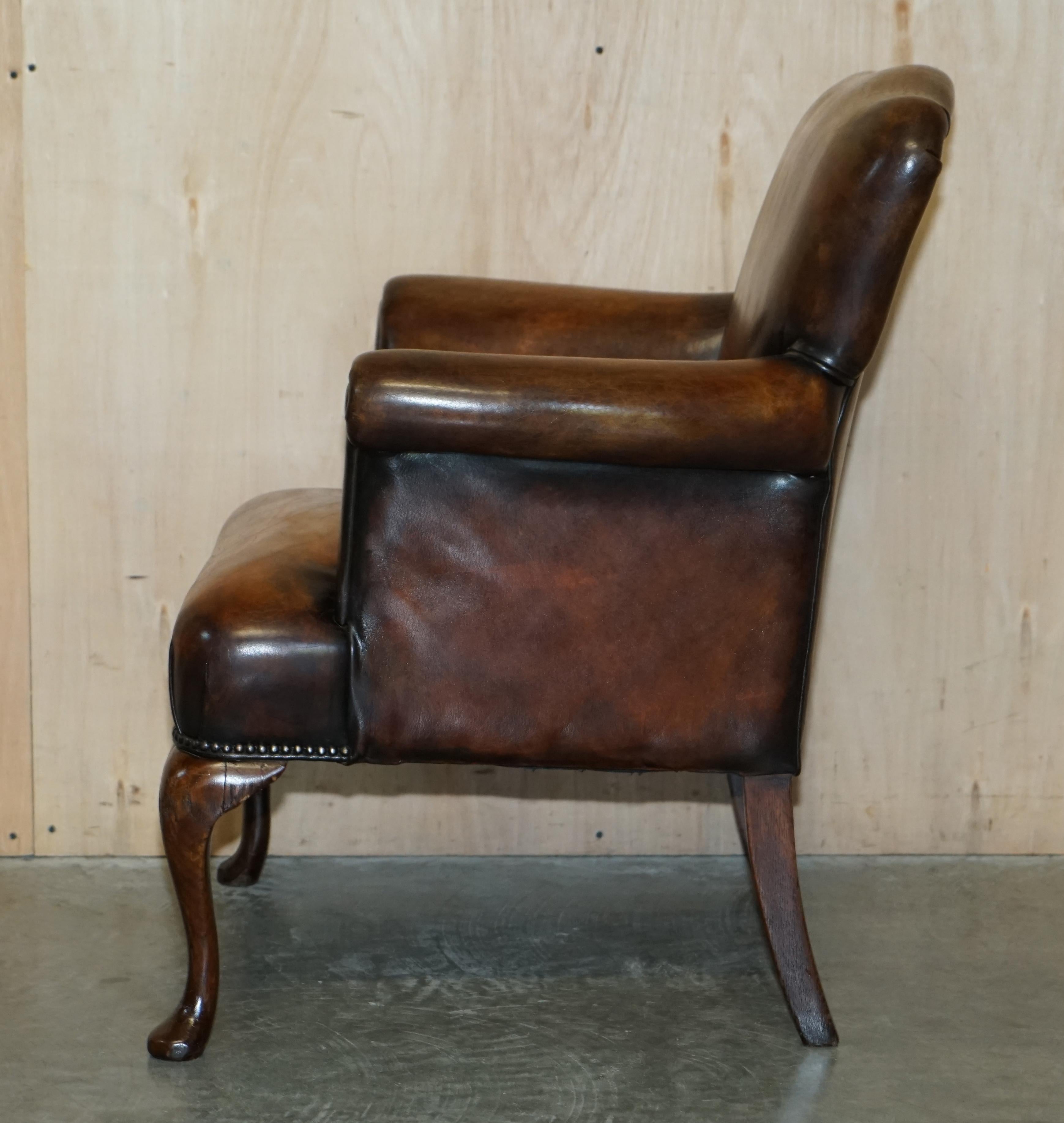 Pair of Restored Antique Art Deco Hand Dyed Cigar Brown Leather Club Armchairs For Sale 11