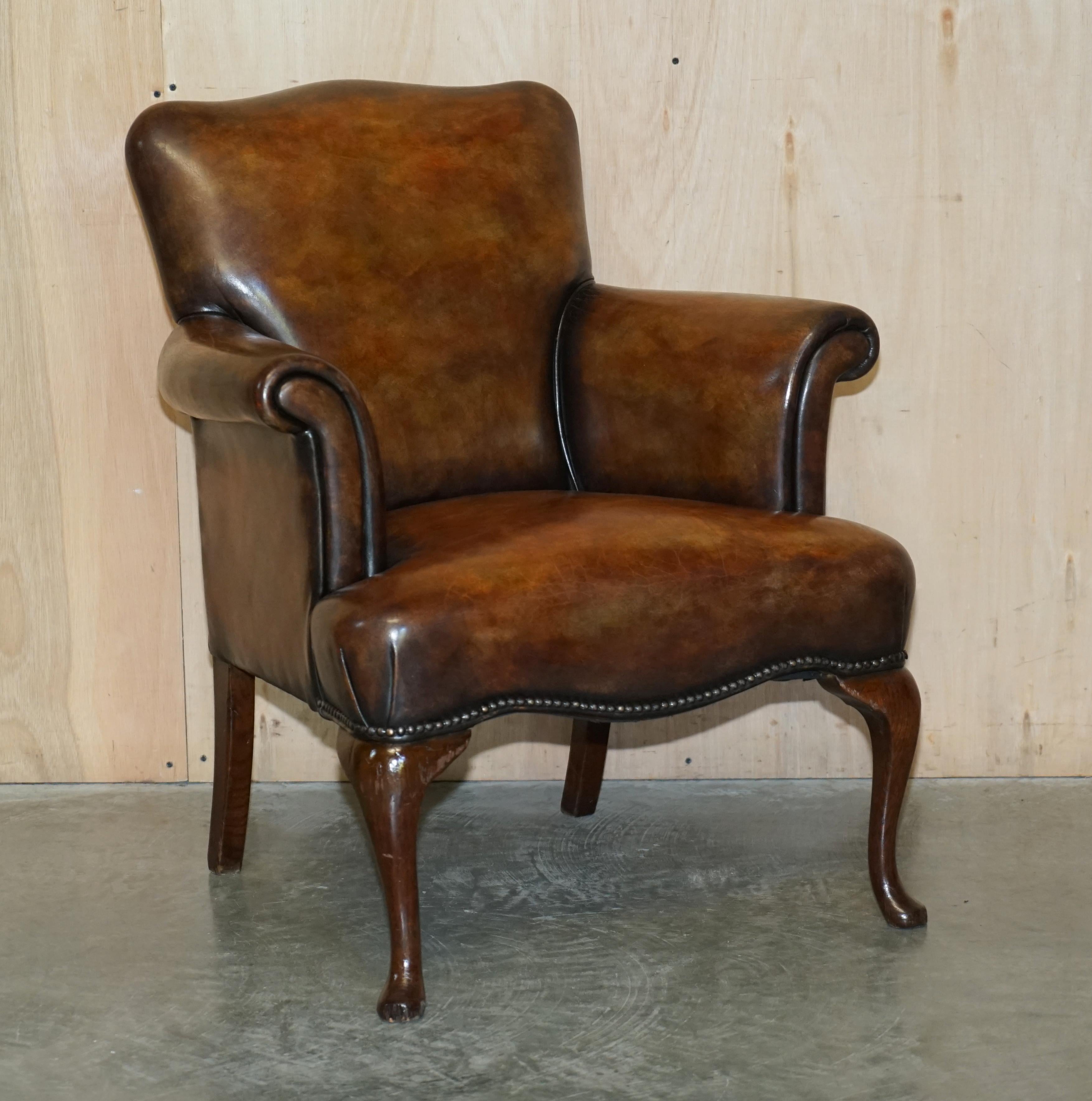 Pair of Restored Antique Art Deco Hand Dyed Cigar Brown Leather Club Armchairs For Sale 12