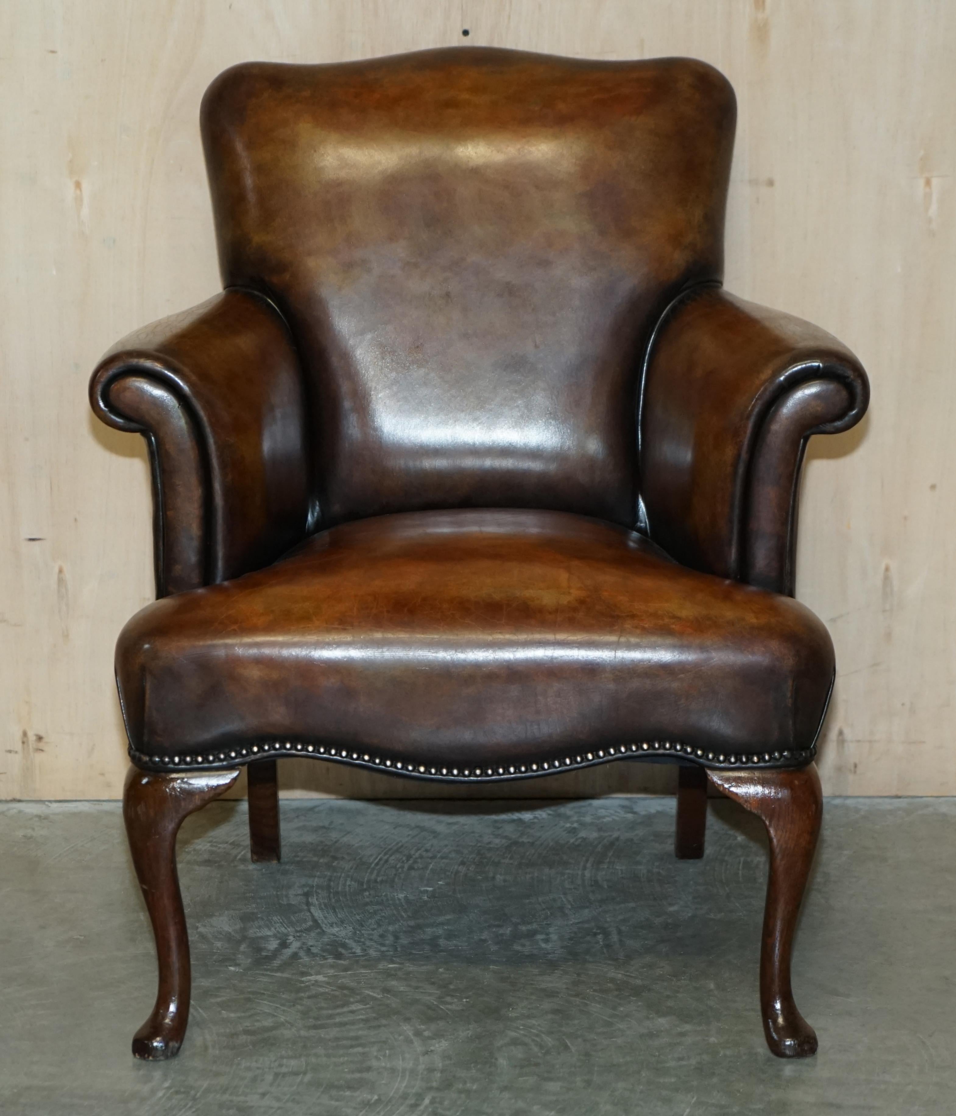Pair of Restored Antique Art Deco Hand Dyed Cigar Brown Leather Club Armchairs For Sale 13