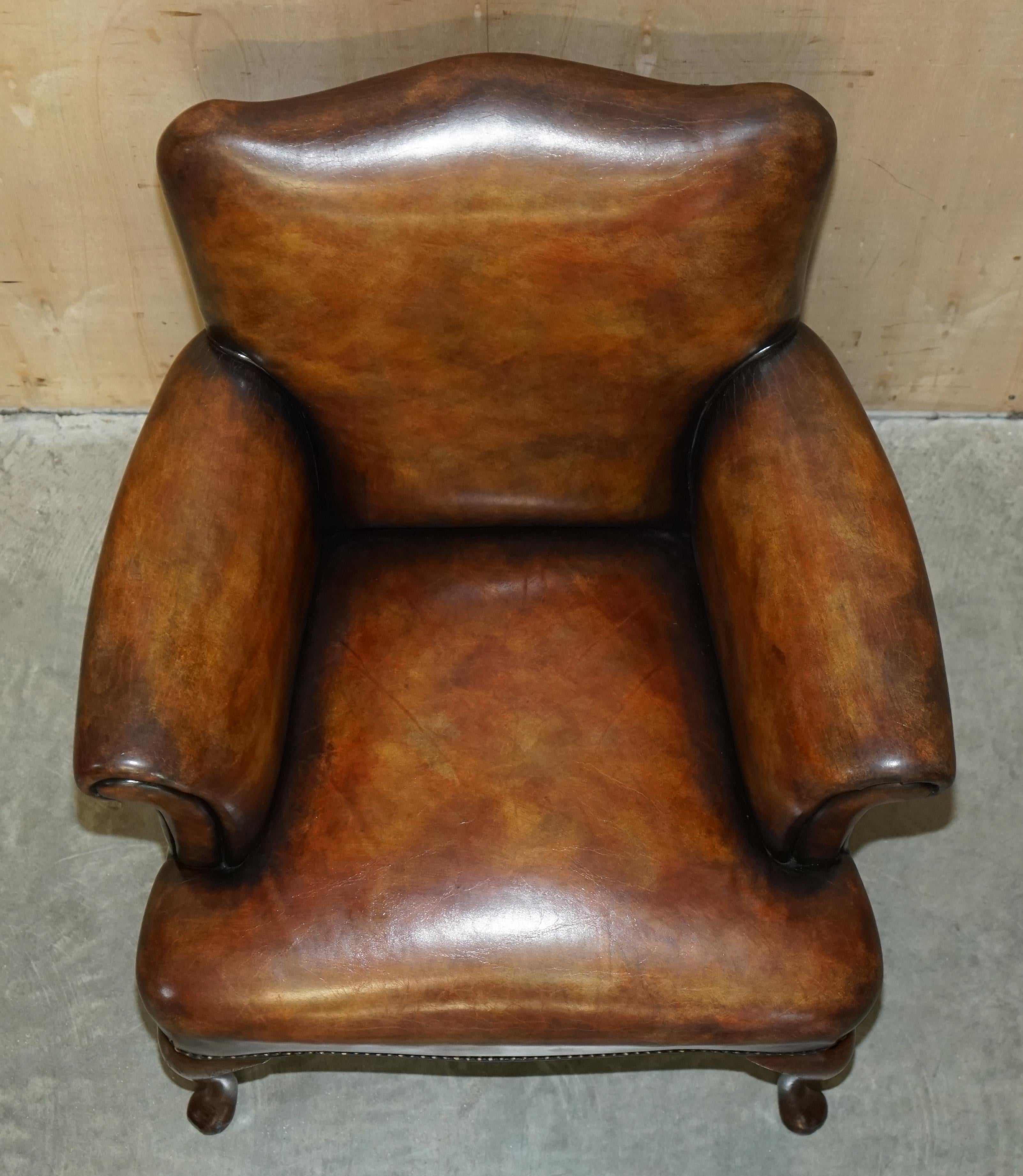 Pair of Restored Antique Art Deco Hand Dyed Cigar Brown Leather Club Armchairs For Sale 14