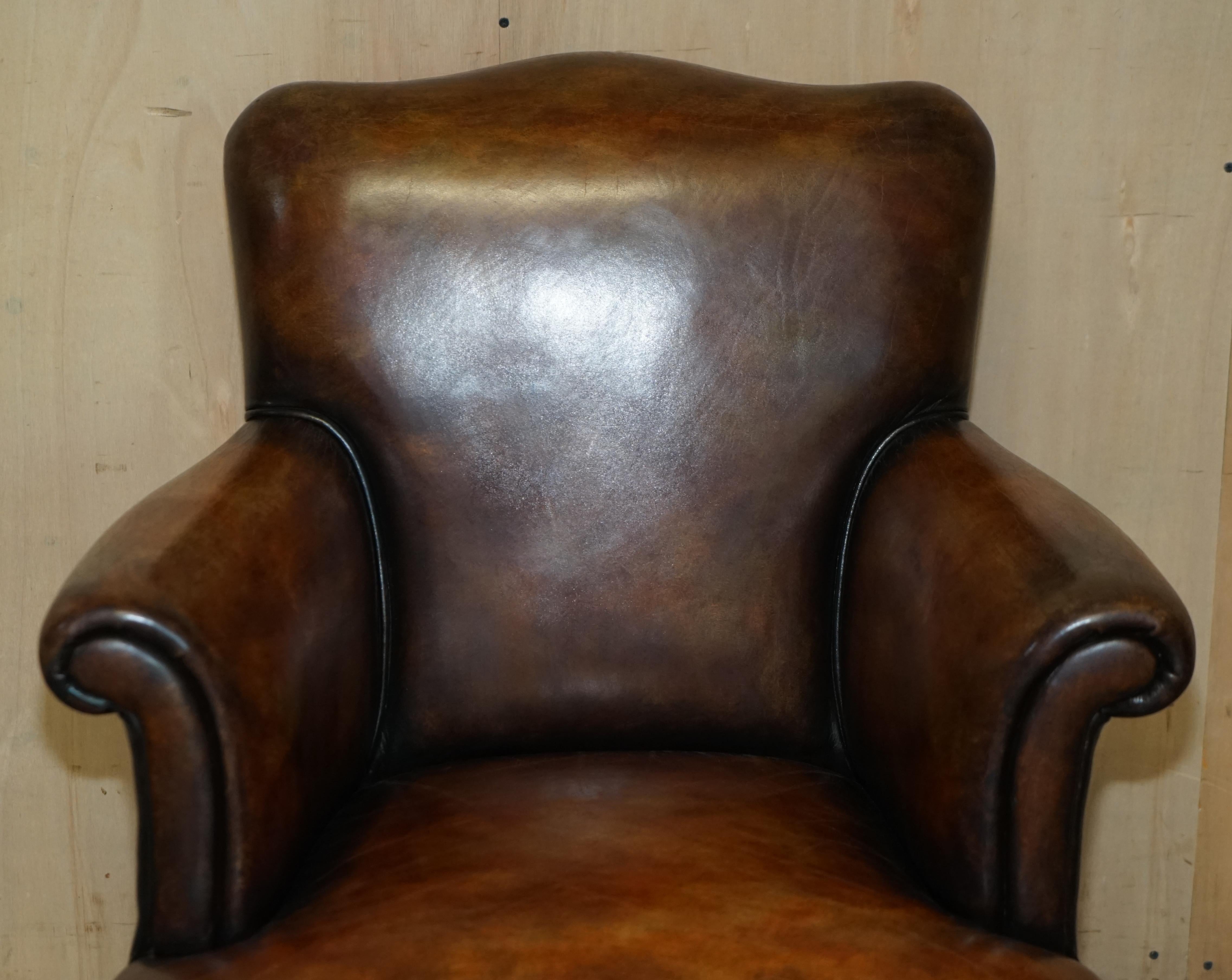 English Pair of Restored Antique Art Deco Hand Dyed Cigar Brown Leather Club Armchairs For Sale