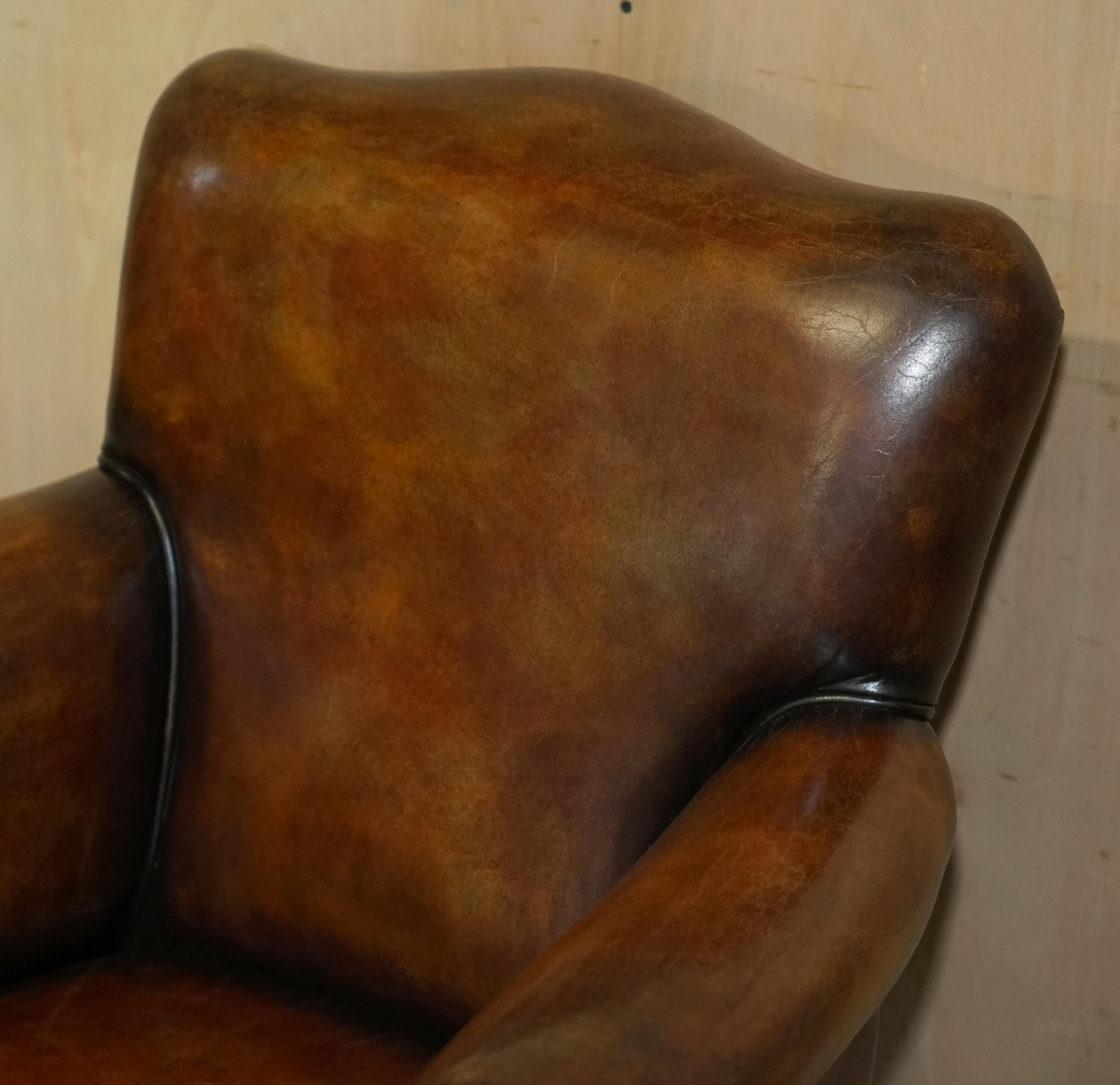 Hand-Crafted Pair of Restored Antique Art Deco Hand Dyed Cigar Brown Leather Club Armchairs For Sale