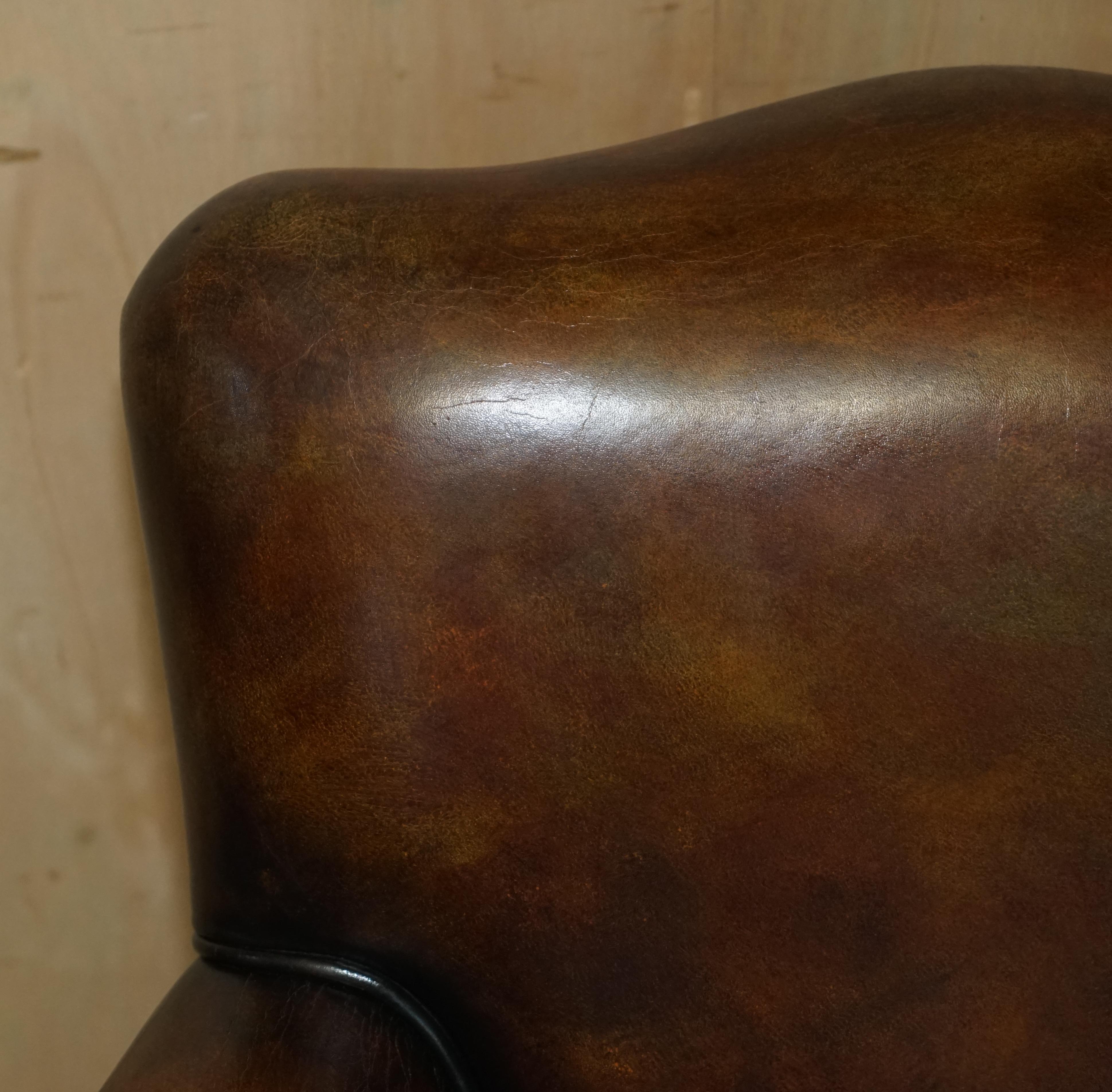 20th Century Pair of Restored Antique Art Deco Hand Dyed Cigar Brown Leather Club Armchairs For Sale