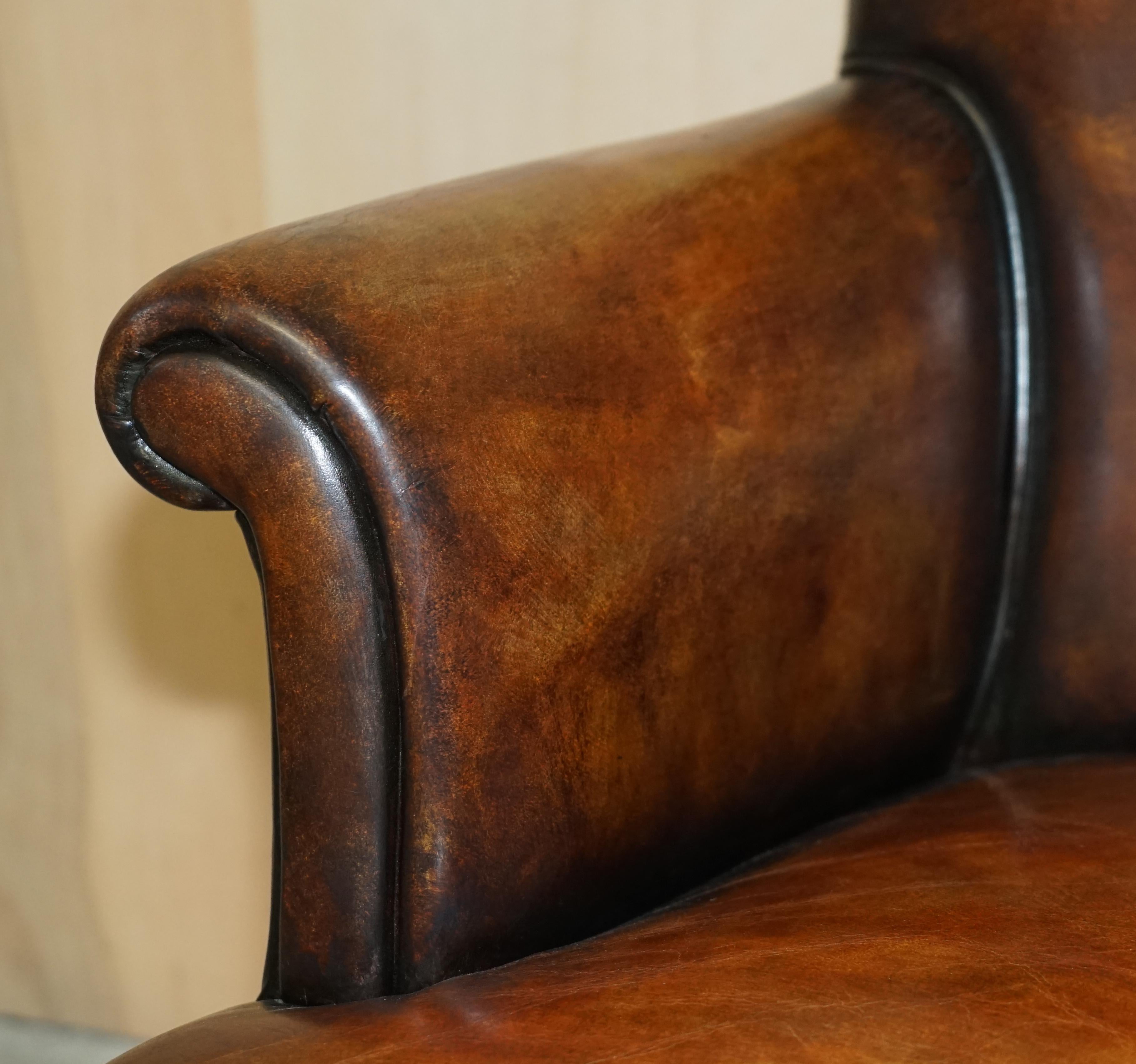 Pair of Restored Antique Art Deco Hand Dyed Cigar Brown Leather Club Armchairs For Sale 1