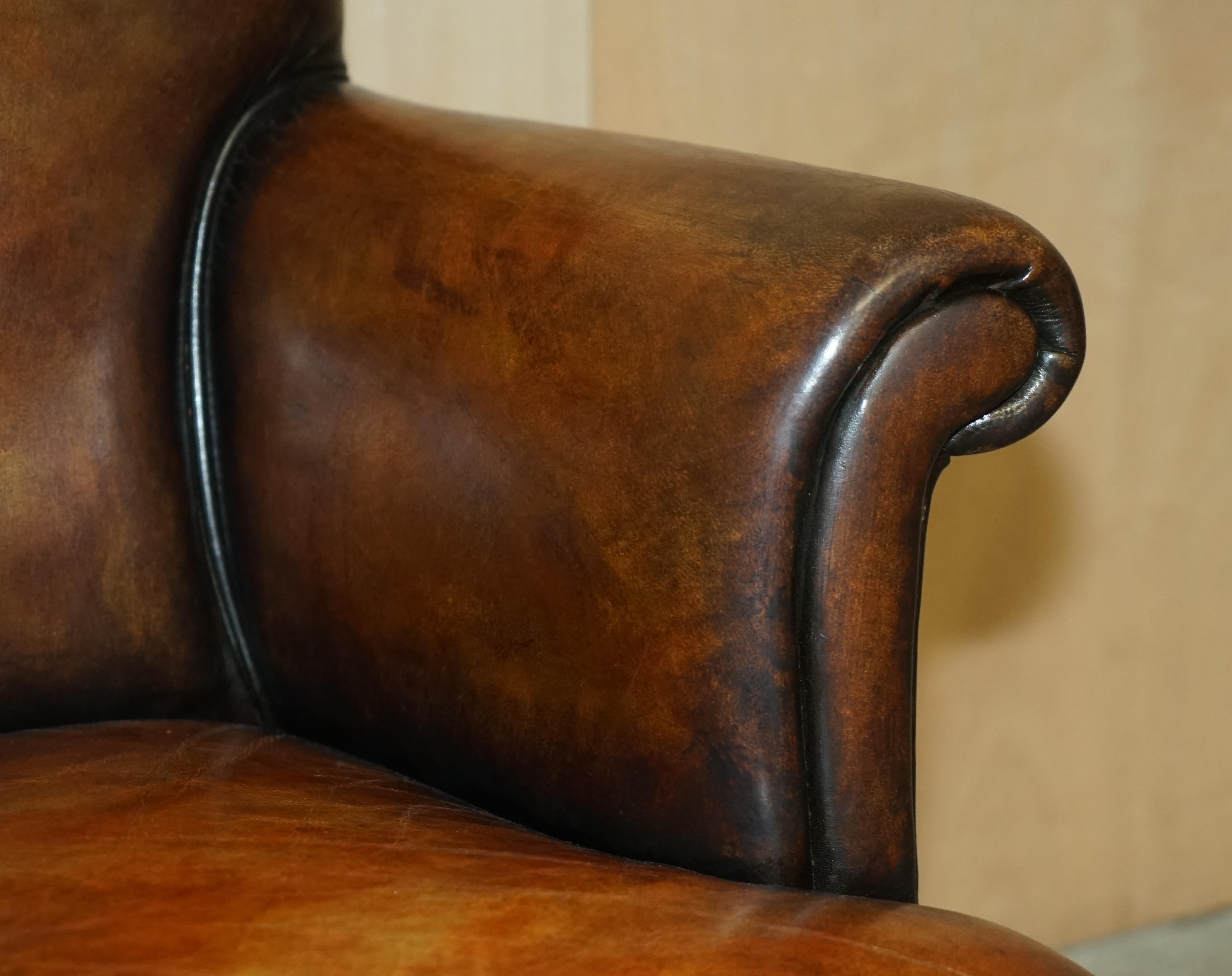 Pair of Restored Antique Art Deco Hand Dyed Cigar Brown Leather Club Armchairs For Sale 2