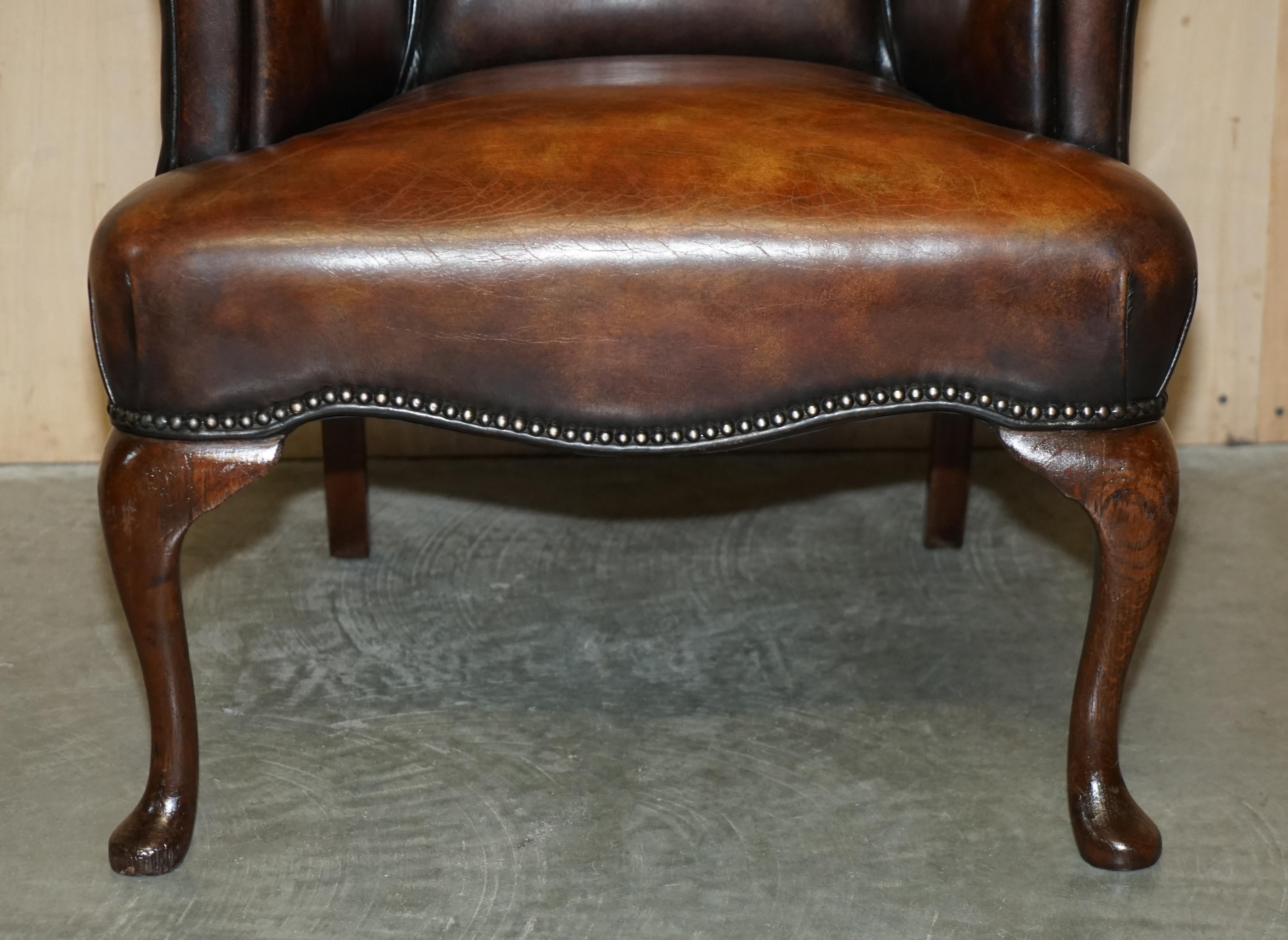 Pair of Restored Antique Art Deco Hand Dyed Cigar Brown Leather Club Armchairs For Sale 3