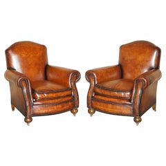 PAIR OF RESTORED ANTIQUE ART DECO HANDDYED CIGAR BROWN LEATHER CLUB ARMCHAIRs