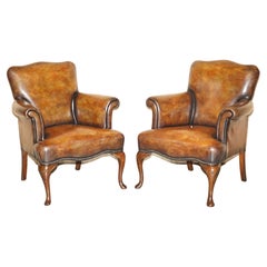 Pair of Restored Antique Art Deco Hand Dyed Cigar Brown Leather Club Armchairs