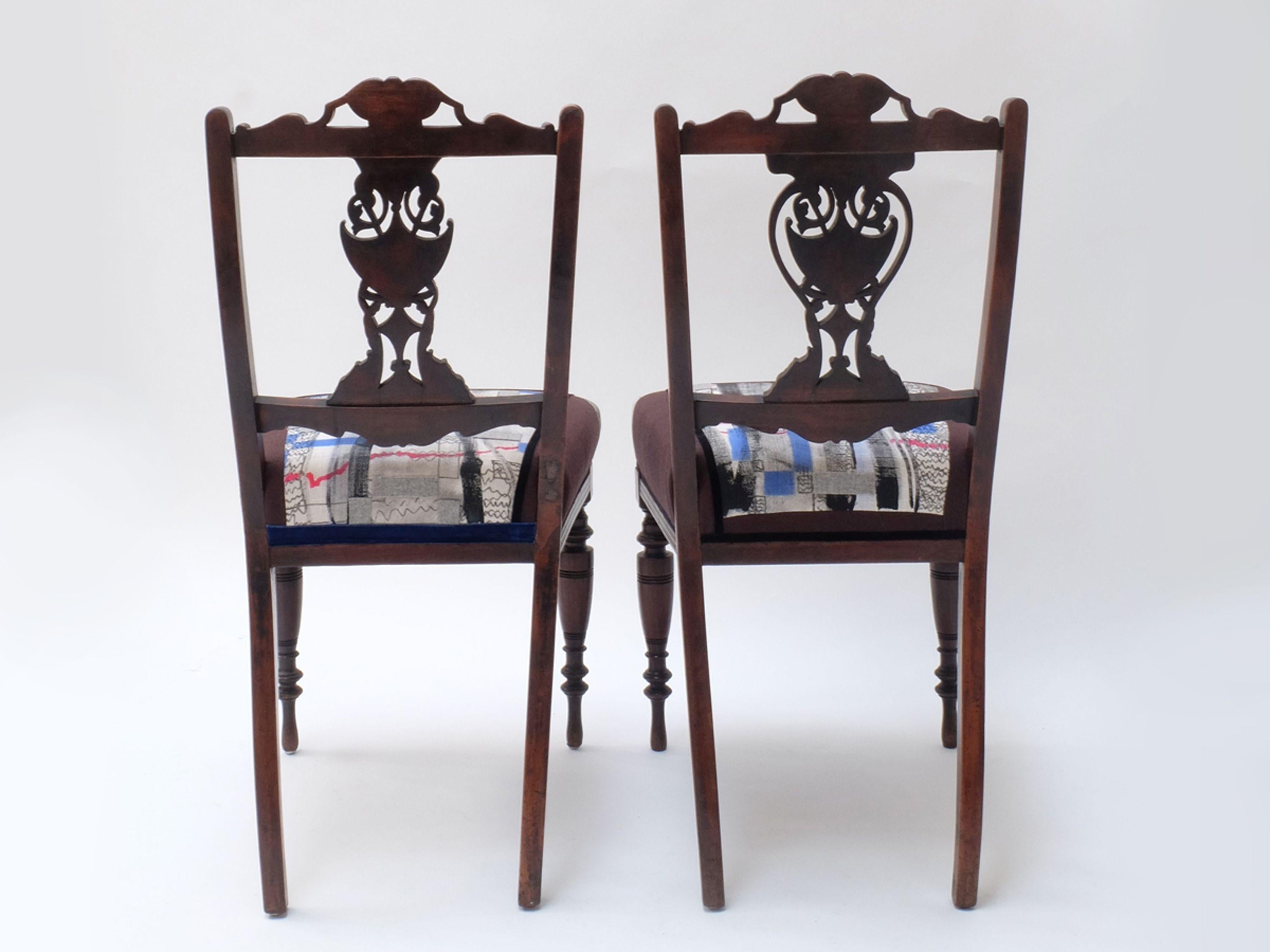 One-Of-A-Kind side chairs. 
Abstract contemporary collage artwork (mixed media) applied onto carefully restored and re-upholstered antique Edwardian side chairs.
Materials: Collage Artwork (mixed media), premium 100% upholstery wool felt, satin and