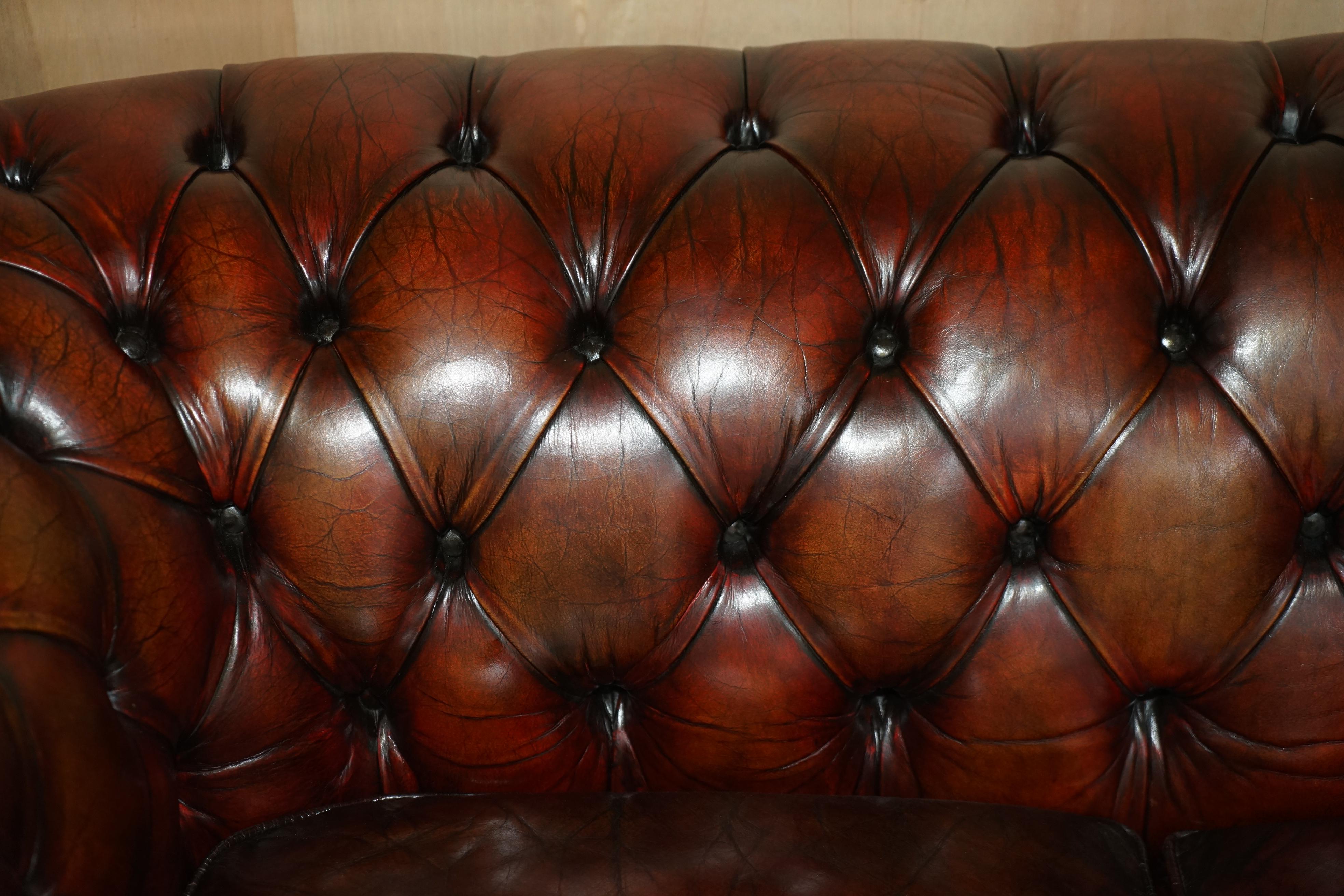 Pair of Restored Antique Gentleman's Tufted Chesterfield Brown Leather Sofas For Sale 6