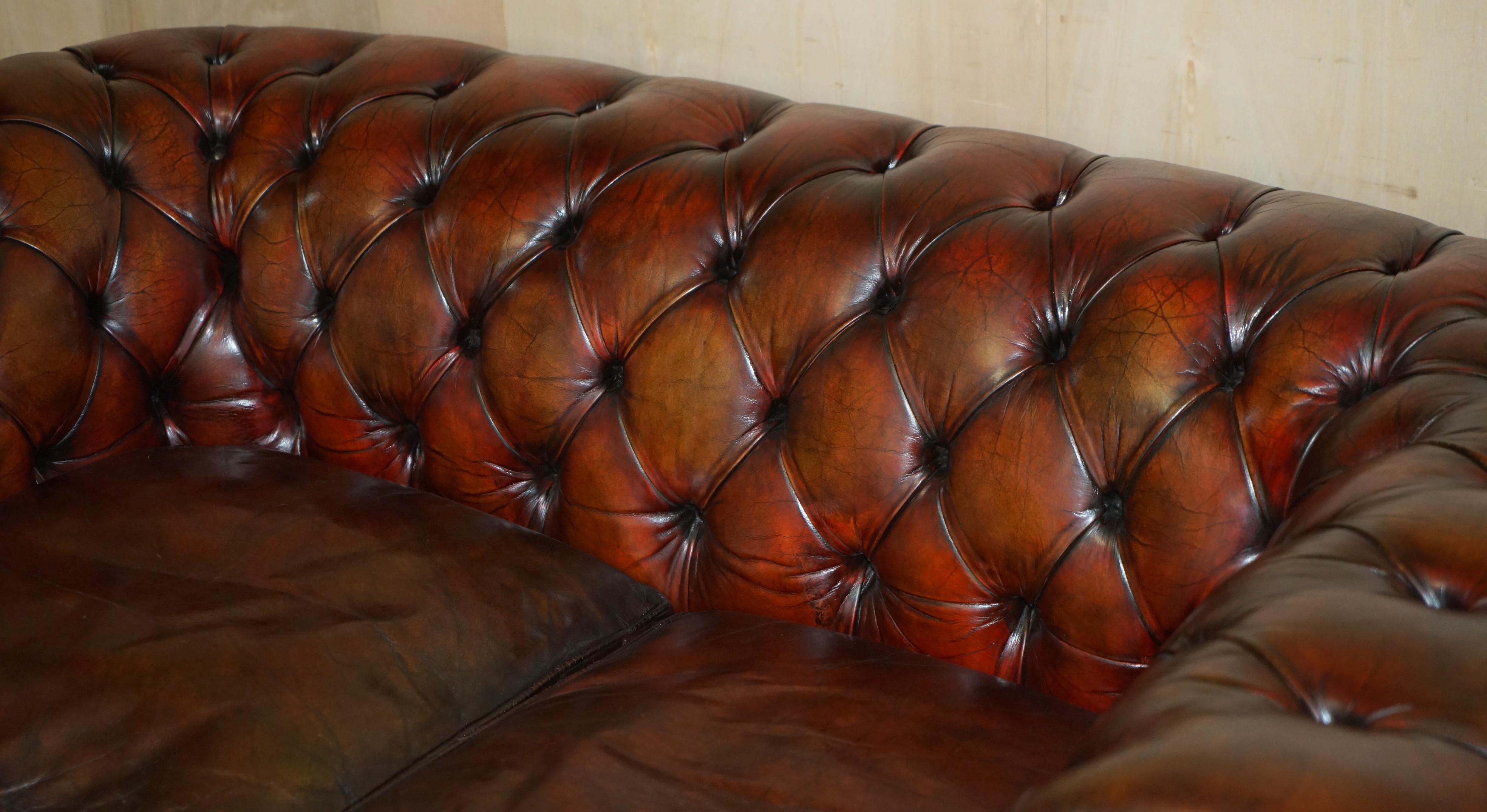 Pair of Restored Antique Gentleman's Tufted Chesterfield Brown Leather Sofas For Sale 6