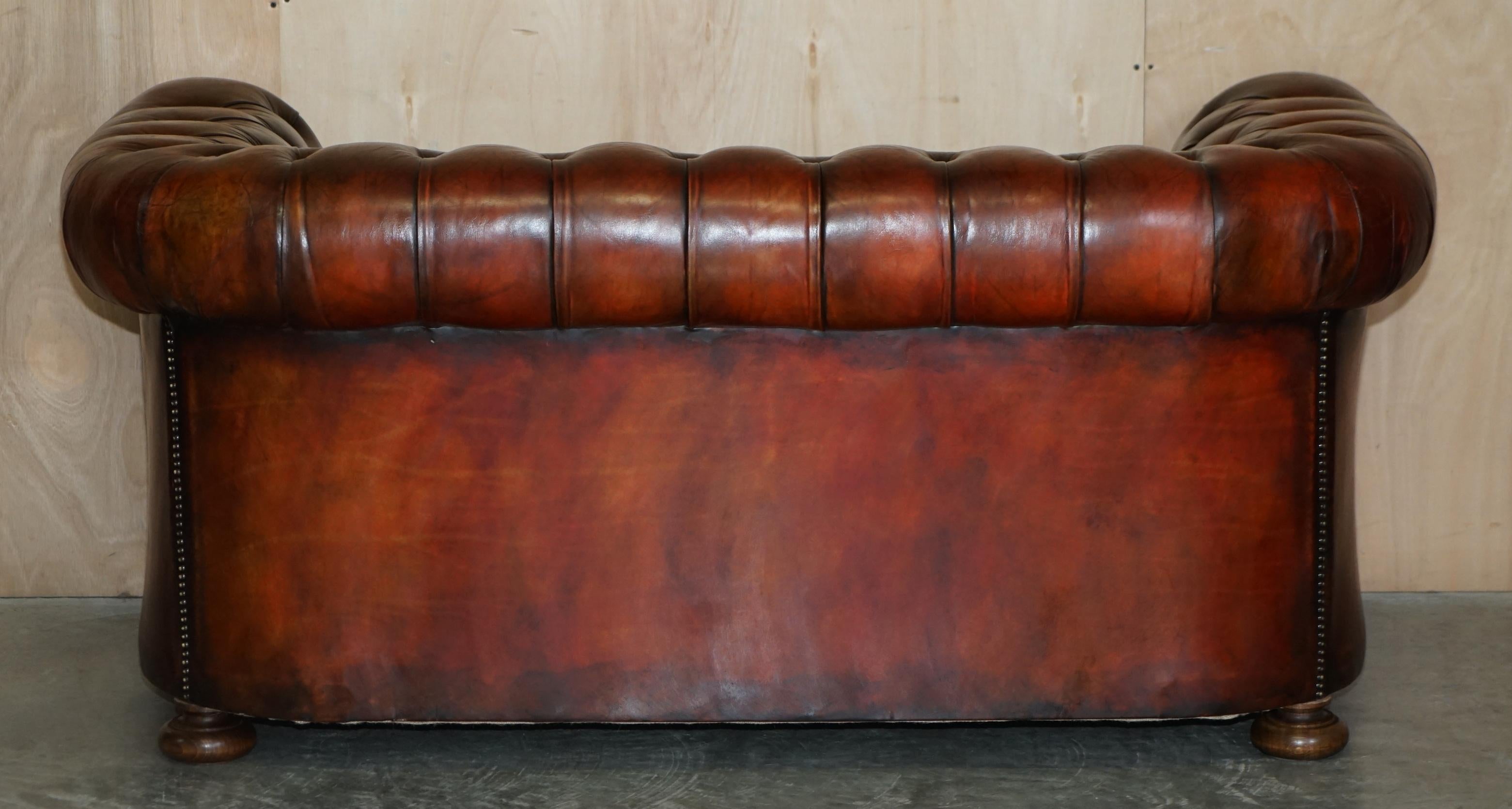 Pair of Restored Antique Gentleman's Tufted Chesterfield Brown Leather Sofas For Sale 9